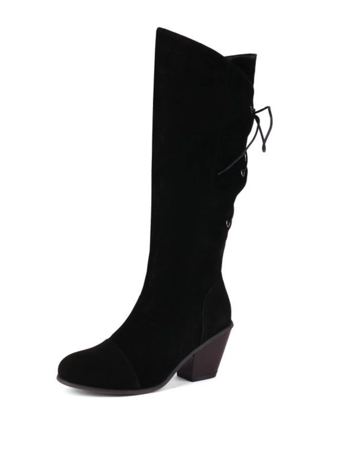 Suede Knee Lace-Up Block Heel Boots - Image 17