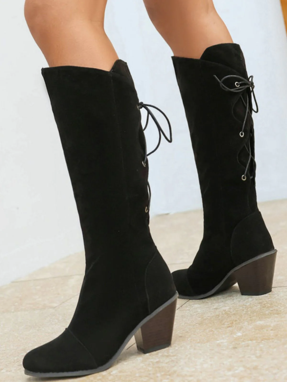 Suede Knee Lace-Up Block Heel Boots - Image 19