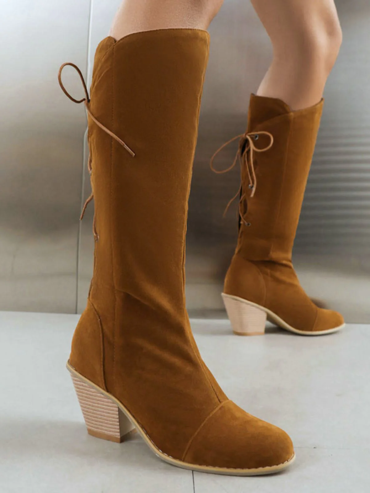 Suede Knee Lace-Up Block Heel Boots - Image 2