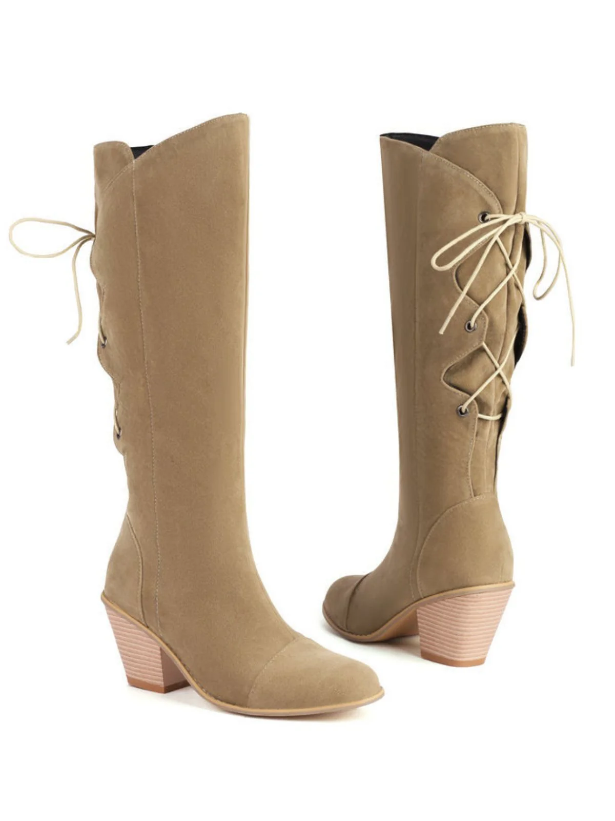 Suede Knee Lace-Up Block Heel Boots - Image 8