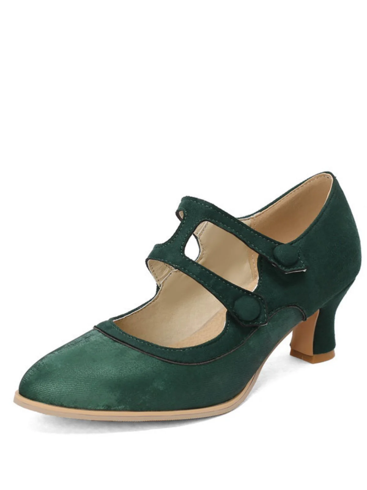 Suede Mary Jane Button Detail Heels - Image 9