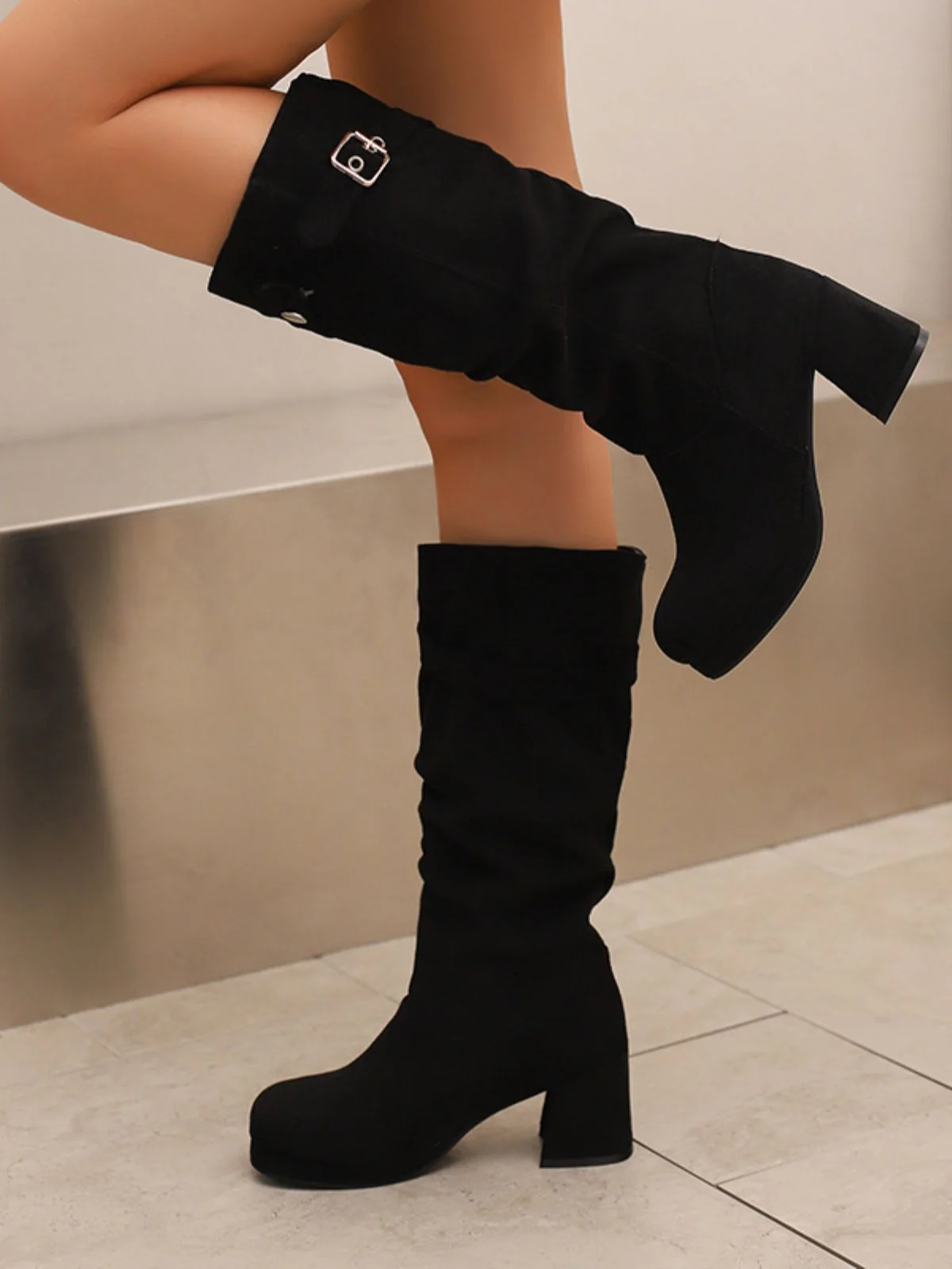 Suede Slouch Block Heel Mid Boots - Image 8