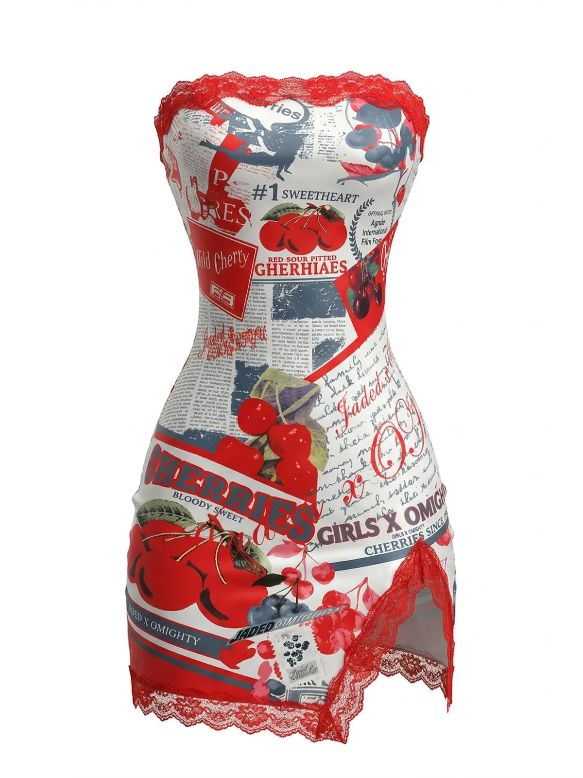 True Red 1960s Cherry Newspaper Strapless Dress - Image 2