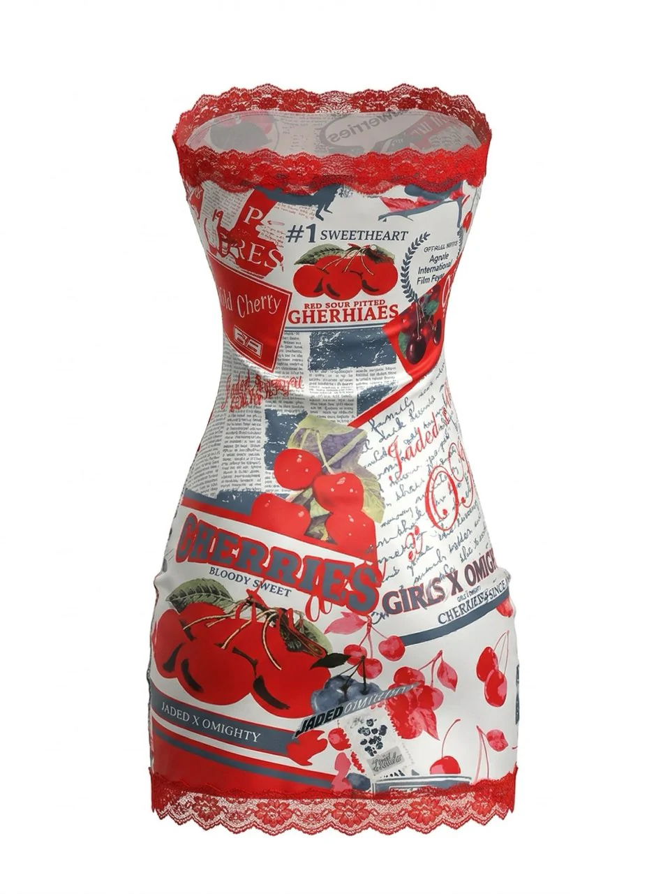 True Red 1960s Cherry Newspaper Strapless Dress - Image 3