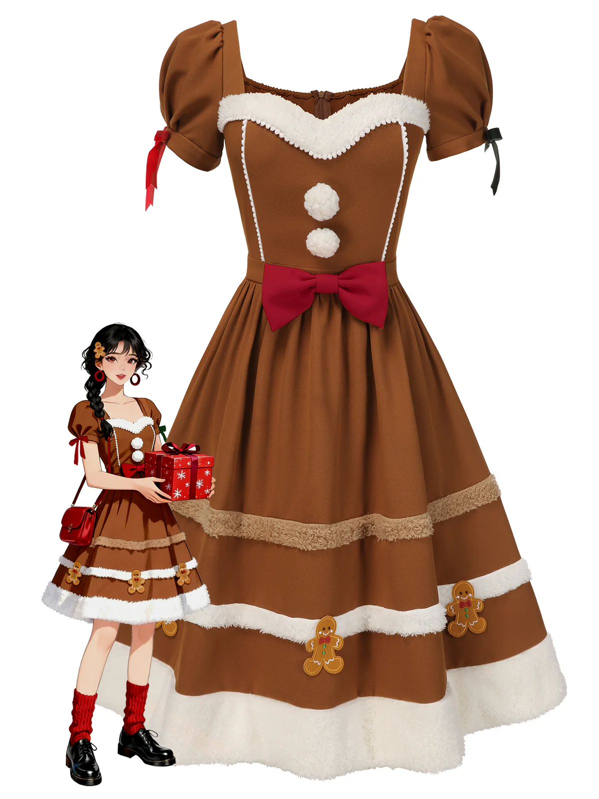 Turmeric 1950s Gingerbread Man Plush Trim Dress - Image 2