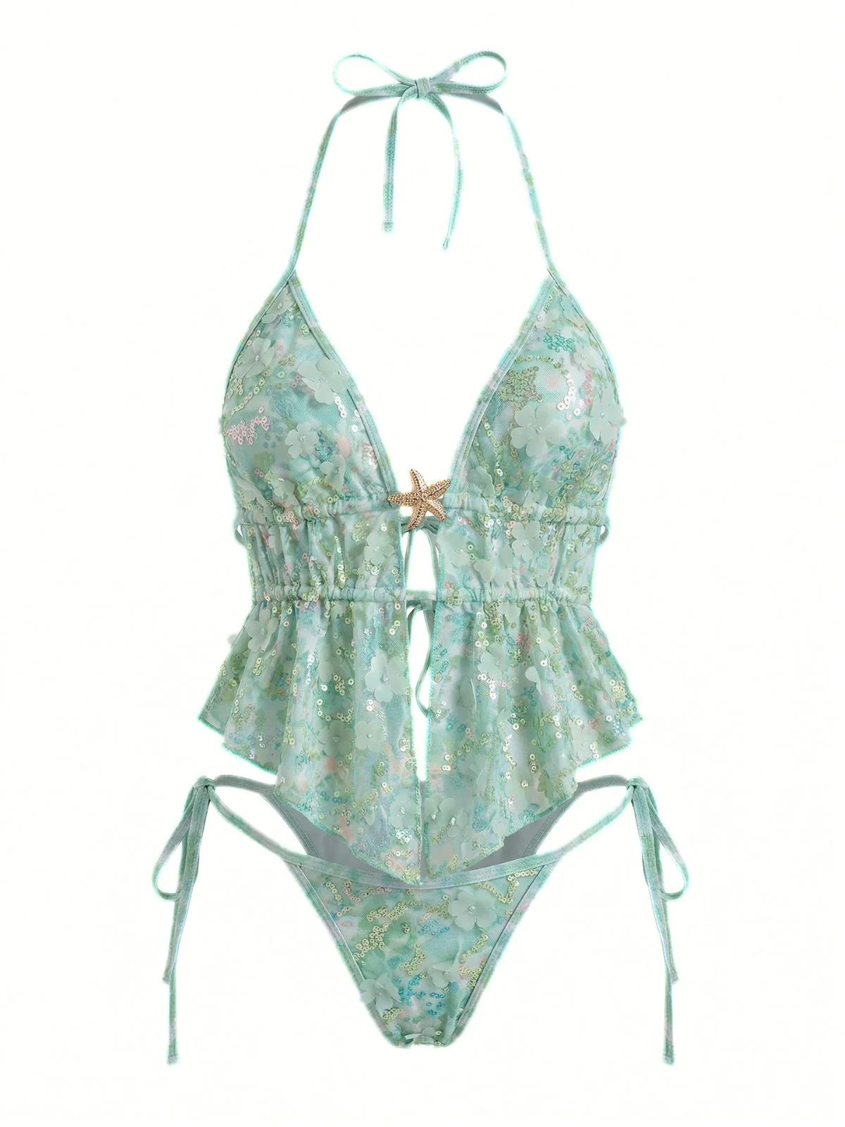 Turquoise 1960s Floral Sequin Halter Tie Bikini Set - Image 2