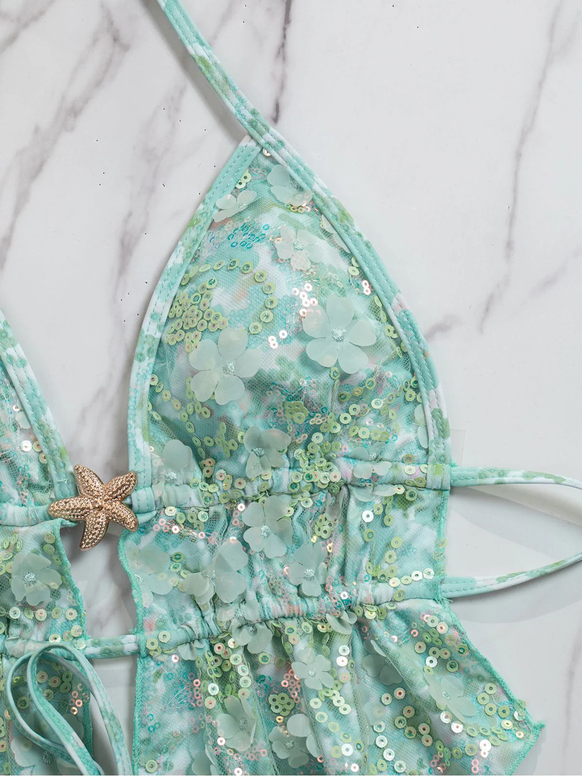 Turquoise 1960s Floral Sequin Halter Tie Bikini Set - Image 6