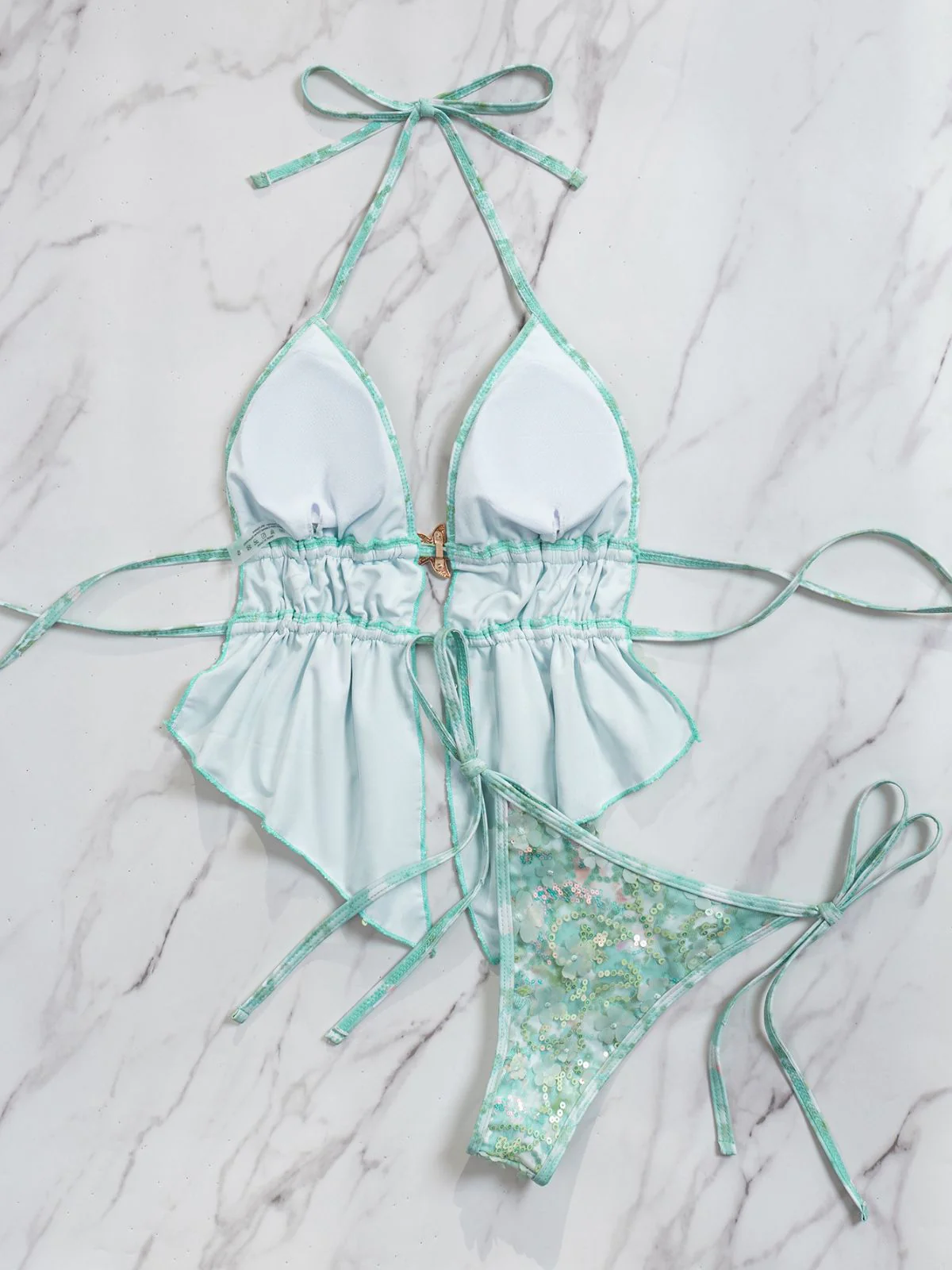 Turquoise 1960s Floral Sequin Halter Tie Bikini Set - Image 7