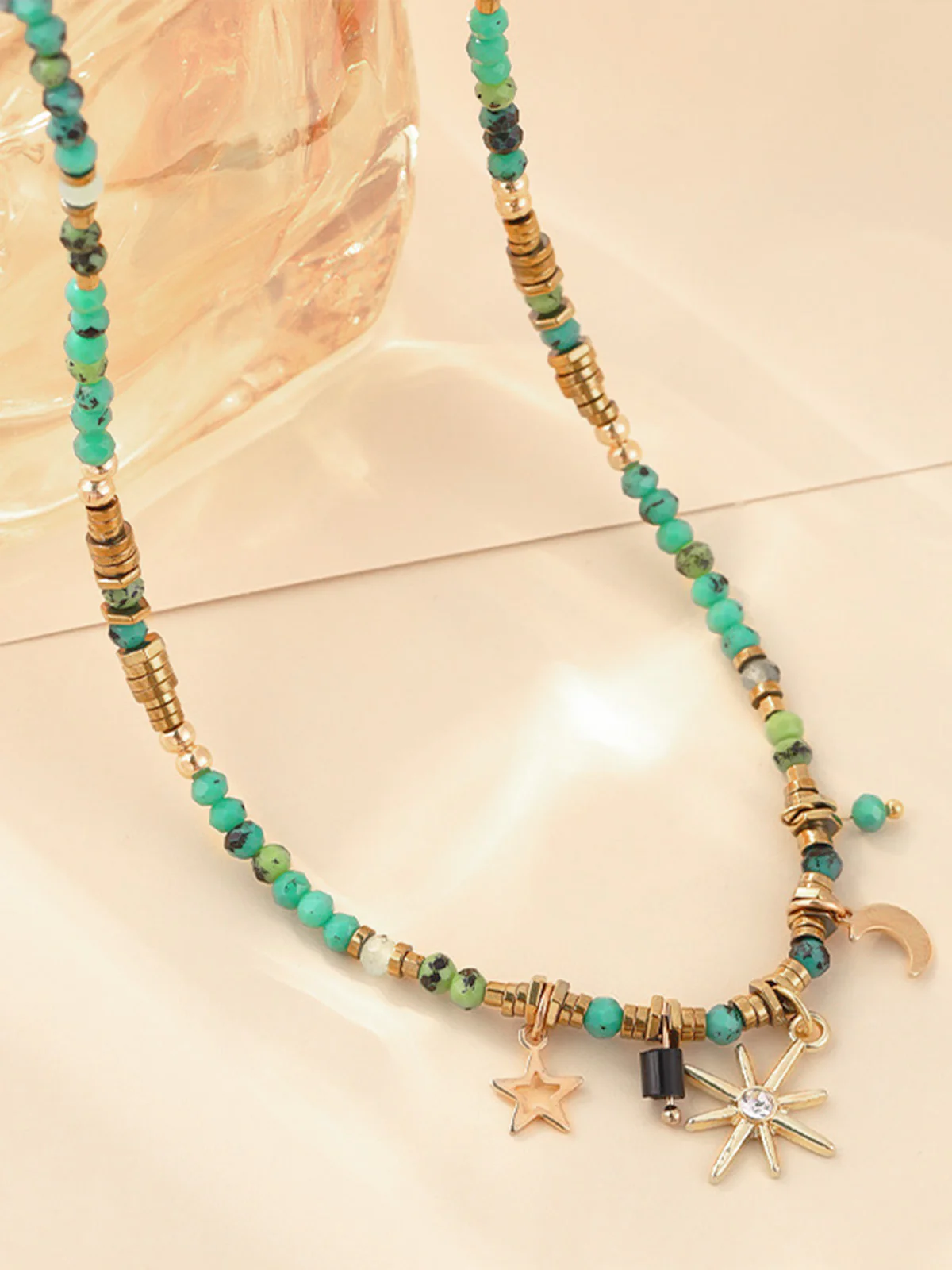 Turquoise Beaded Boho Star Moon Sun Pendant Necklace - Image 2
