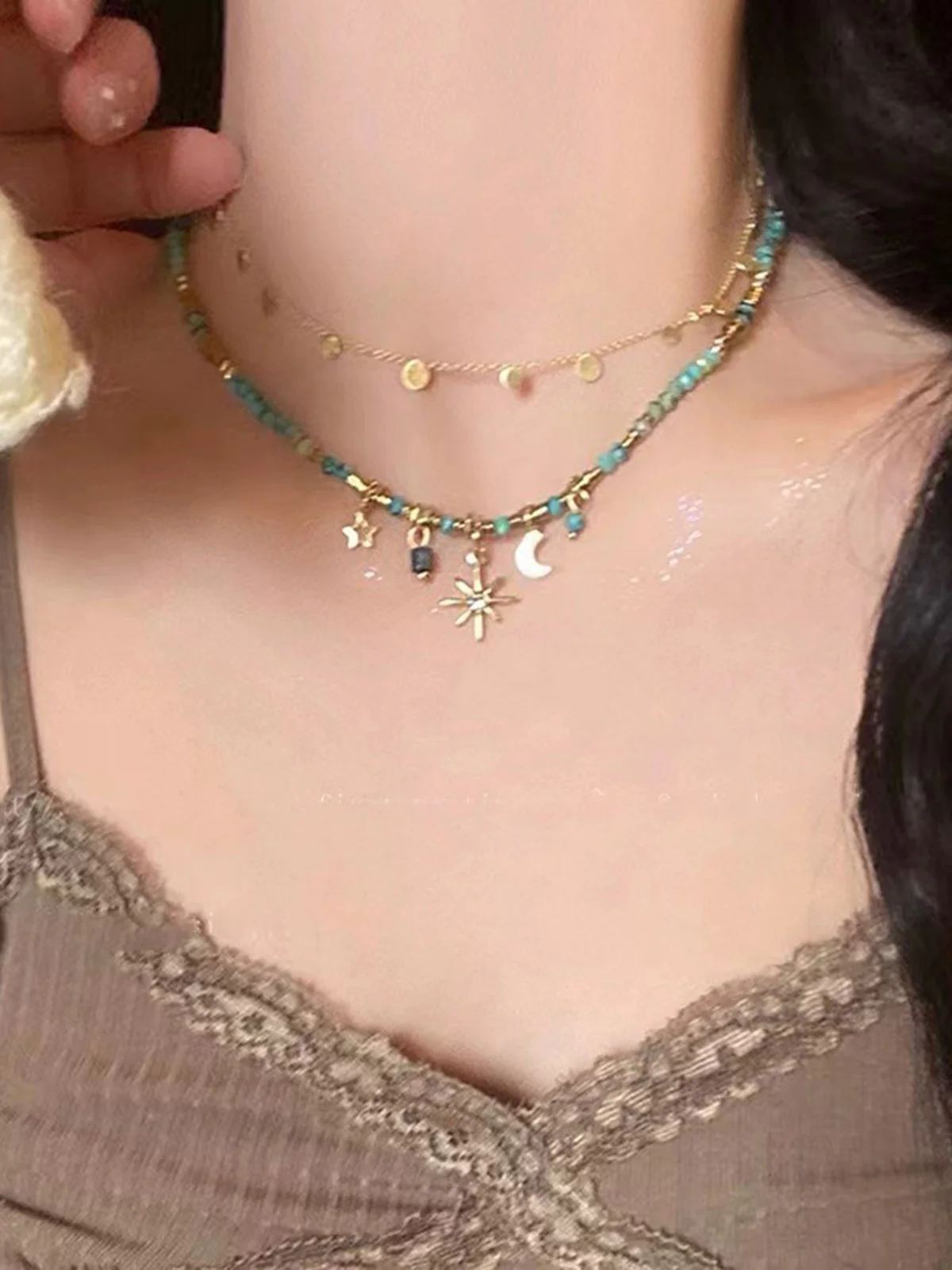 Turquoise Beaded Boho Star Moon Sun Pendant Necklace - Image 3