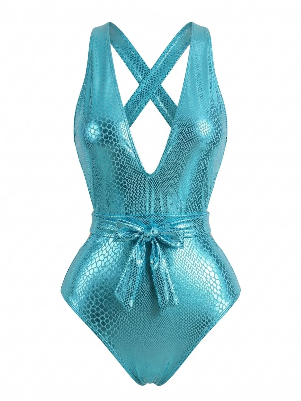 Turquoise Y2K Mermaid Scale Bow Metallic One-Piece Swimsuit - Image 2