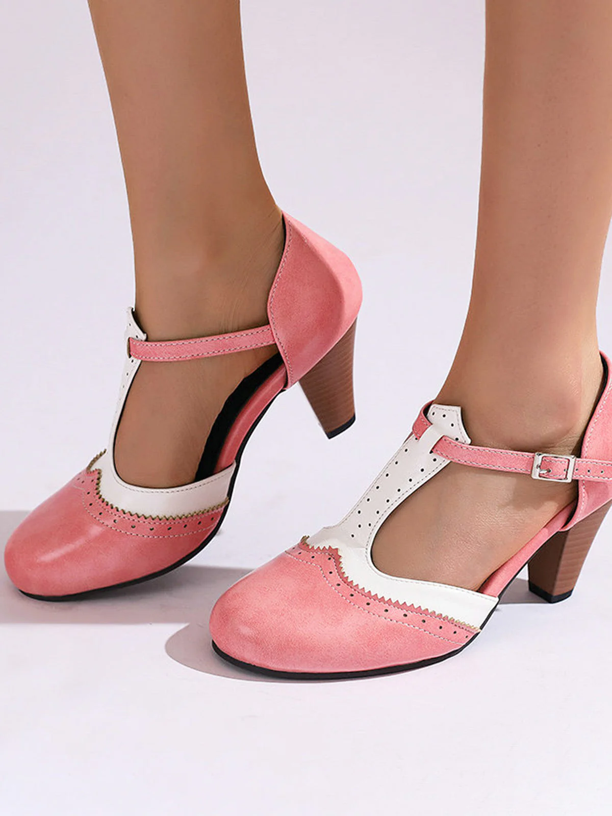 Two-Tone T-Strap Mary Jane Block Heel Pumps - Image 10