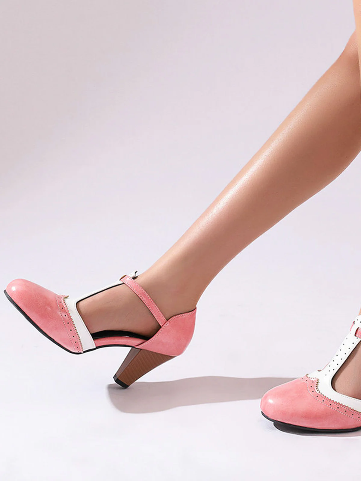 Two-Tone T-Strap Mary Jane Block Heel Pumps - Image 14