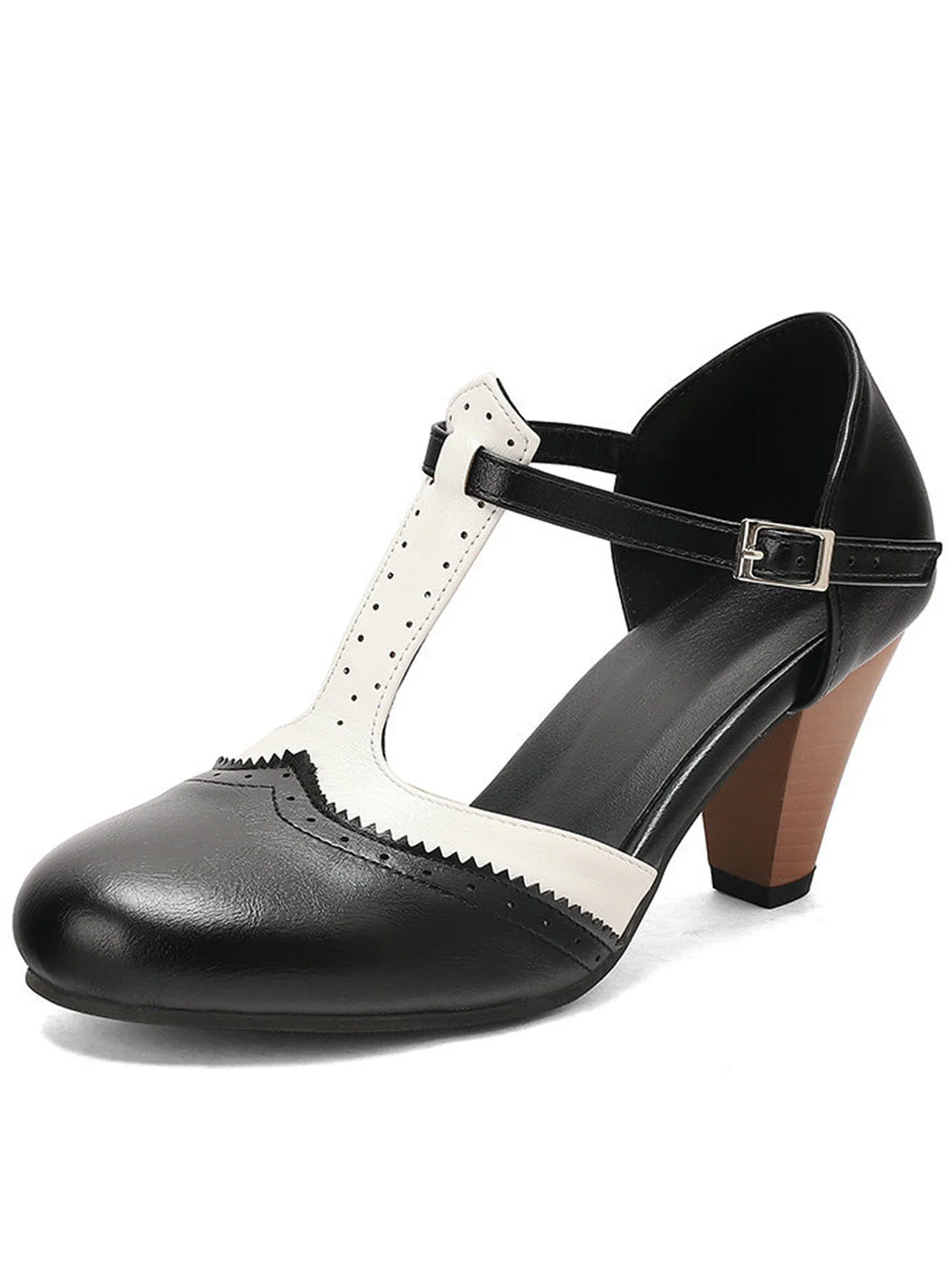 Two-Tone T-Strap Mary Jane Block Heel Pumps - Image 3