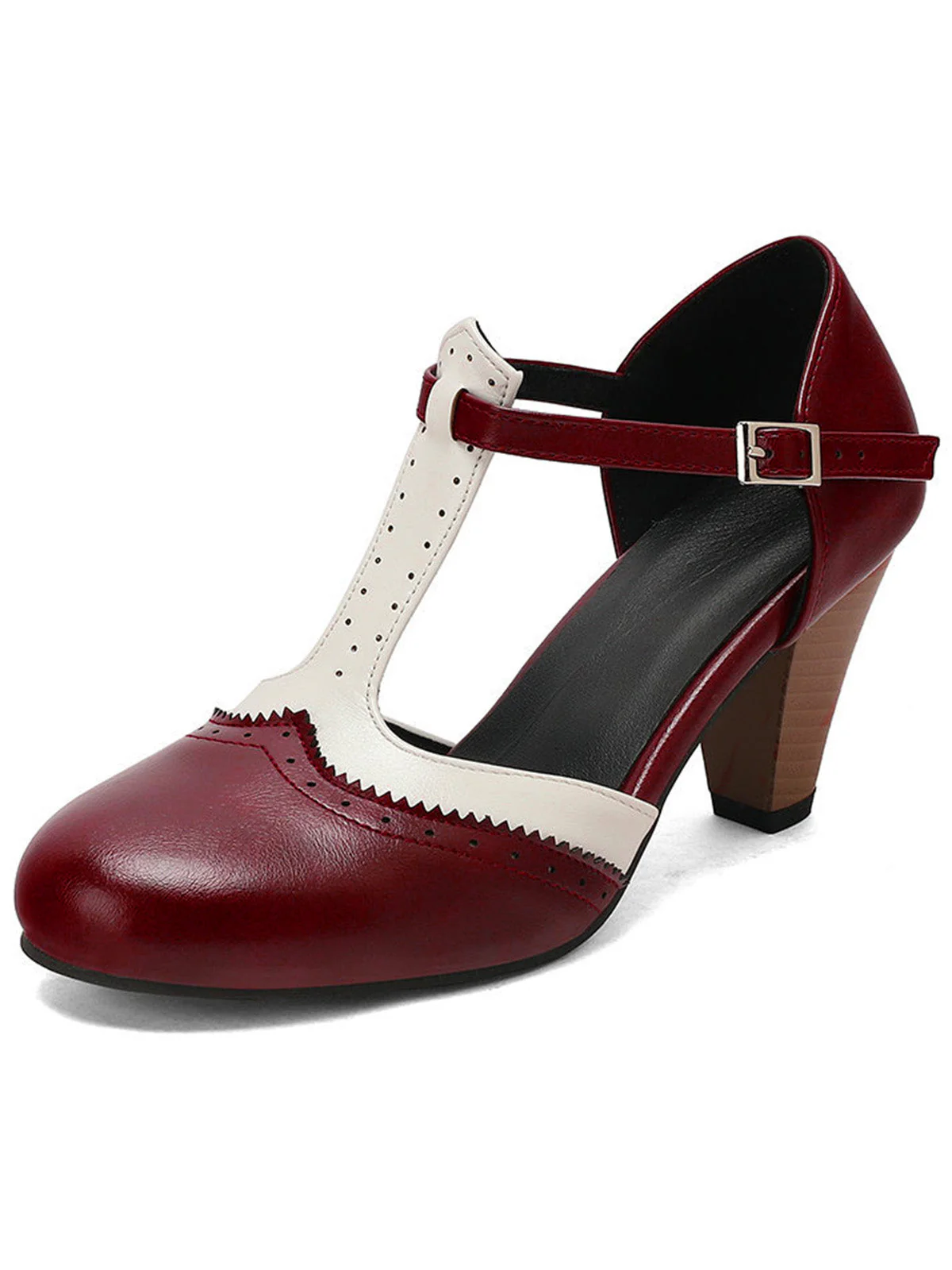 Two-Tone T-Strap Mary Jane Block Heel Pumps - Image 5