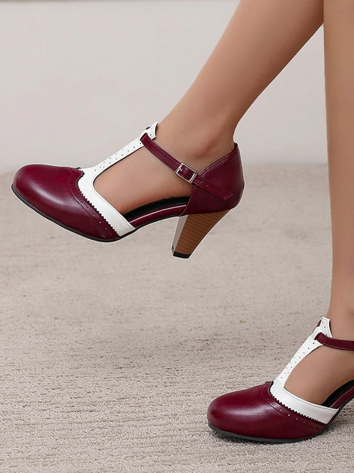 Two-Tone T-Strap Mary Jane Block Heel Pumps - Image 6