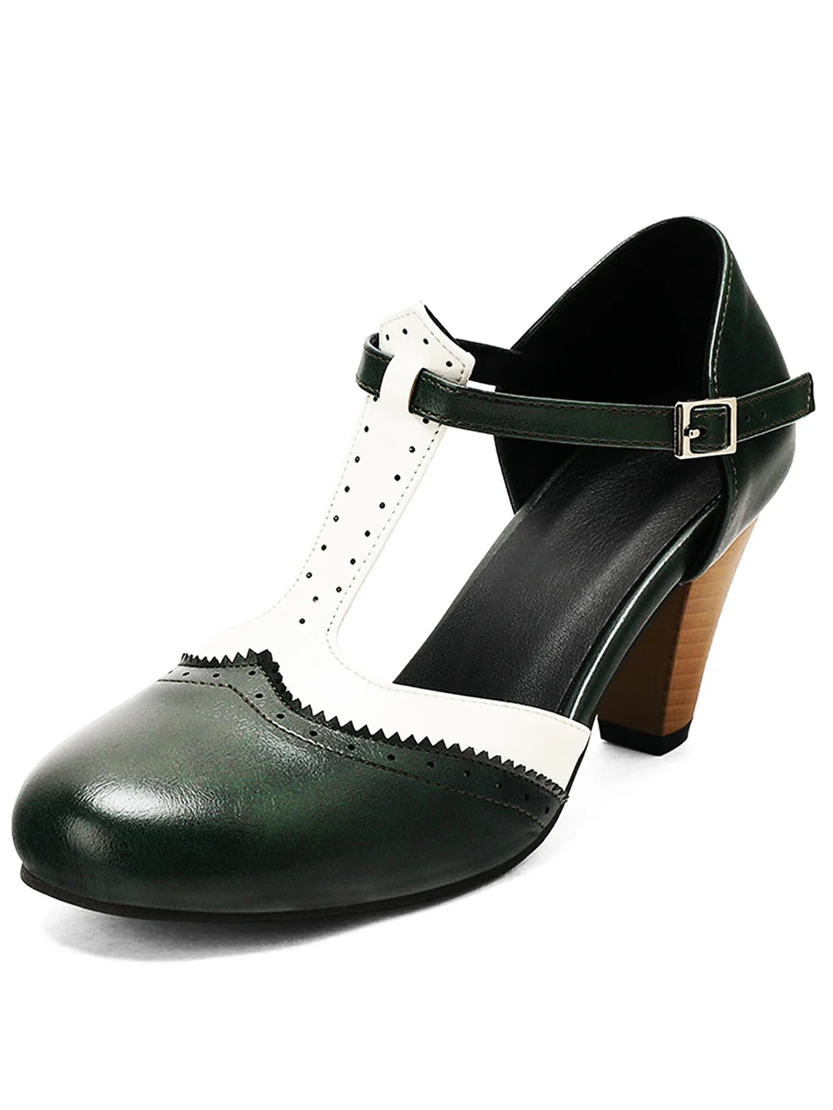 Two-Tone T-Strap Mary Jane Block Heel Pumps - Image 7