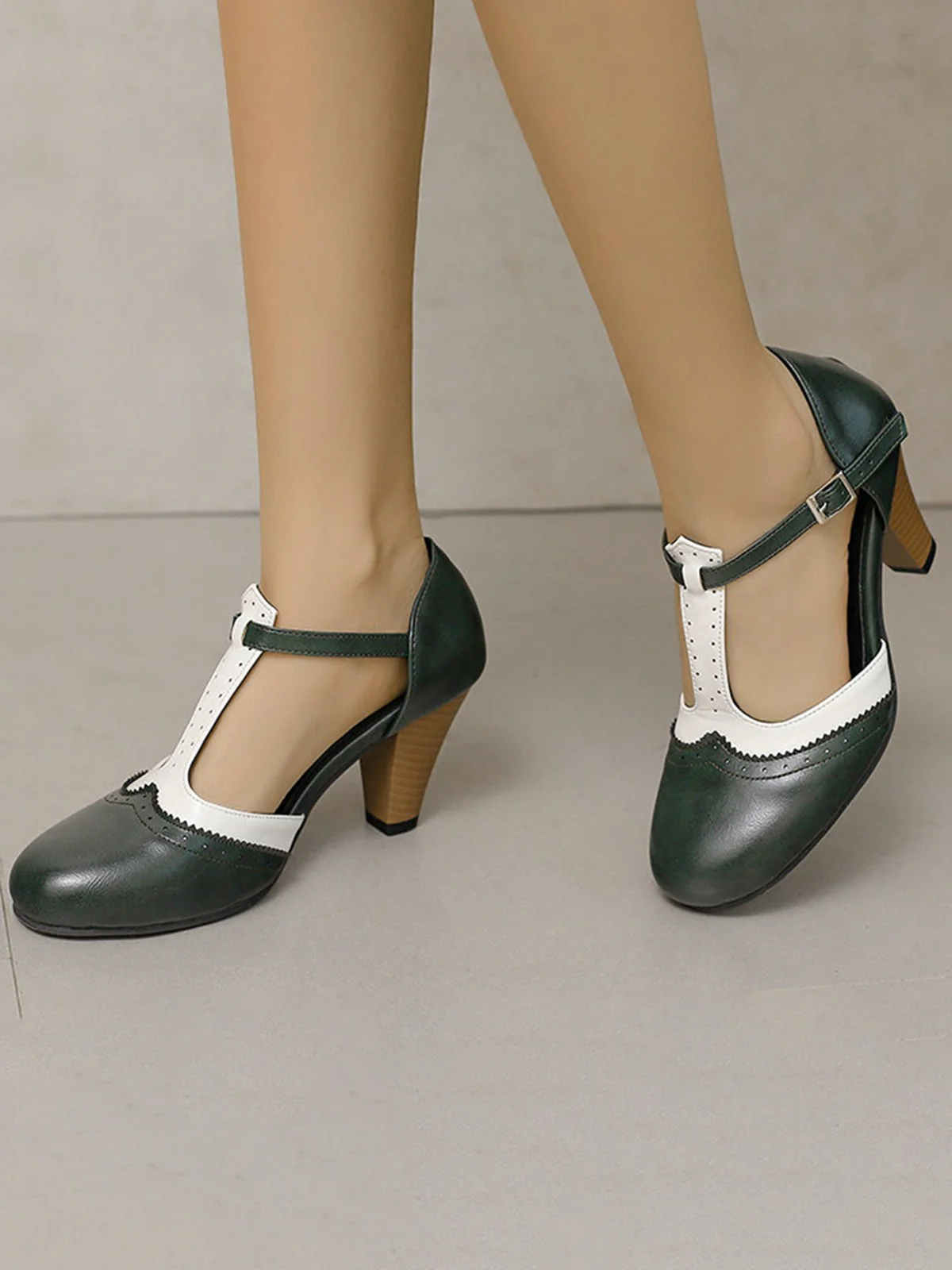 Two-Tone T-Strap Mary Jane Block Heel Pumps - Image 8