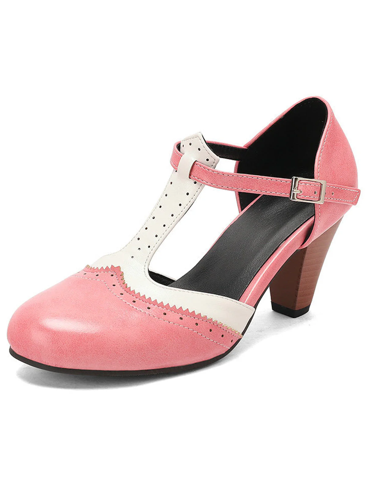Two-Tone T-Strap Mary Jane Block Heel Pumps - Image 9