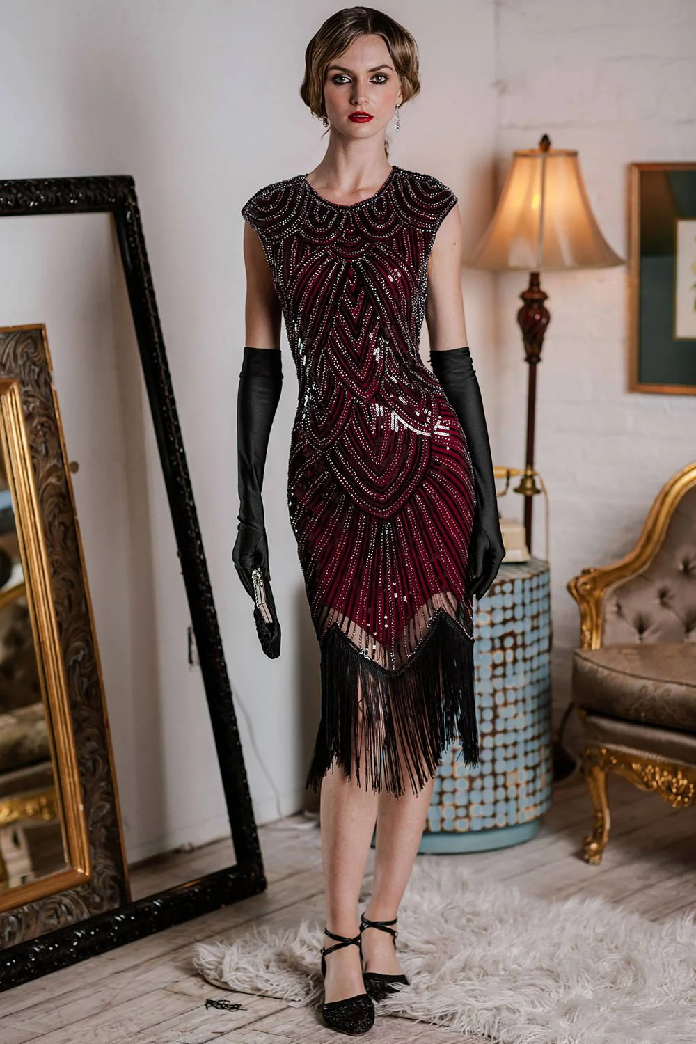 [US Warehouse] Wine Red 1920s Sequin Beaded Fringed Dress - Image 2