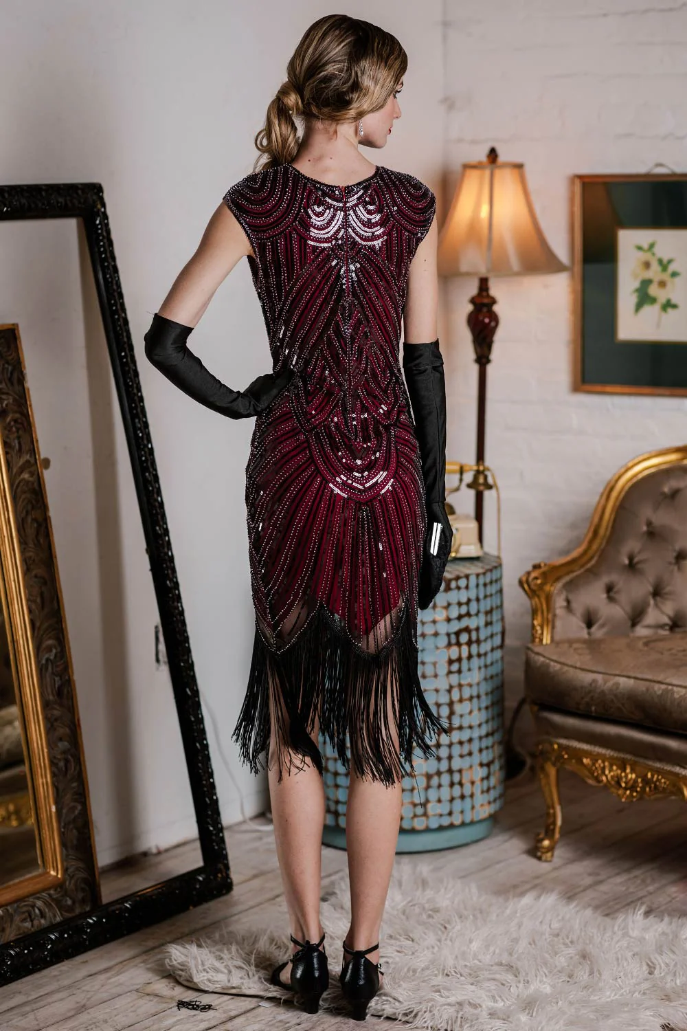 [US Warehouse] Wine Red 1920s Sequin Beaded Fringed Dress - Image 4