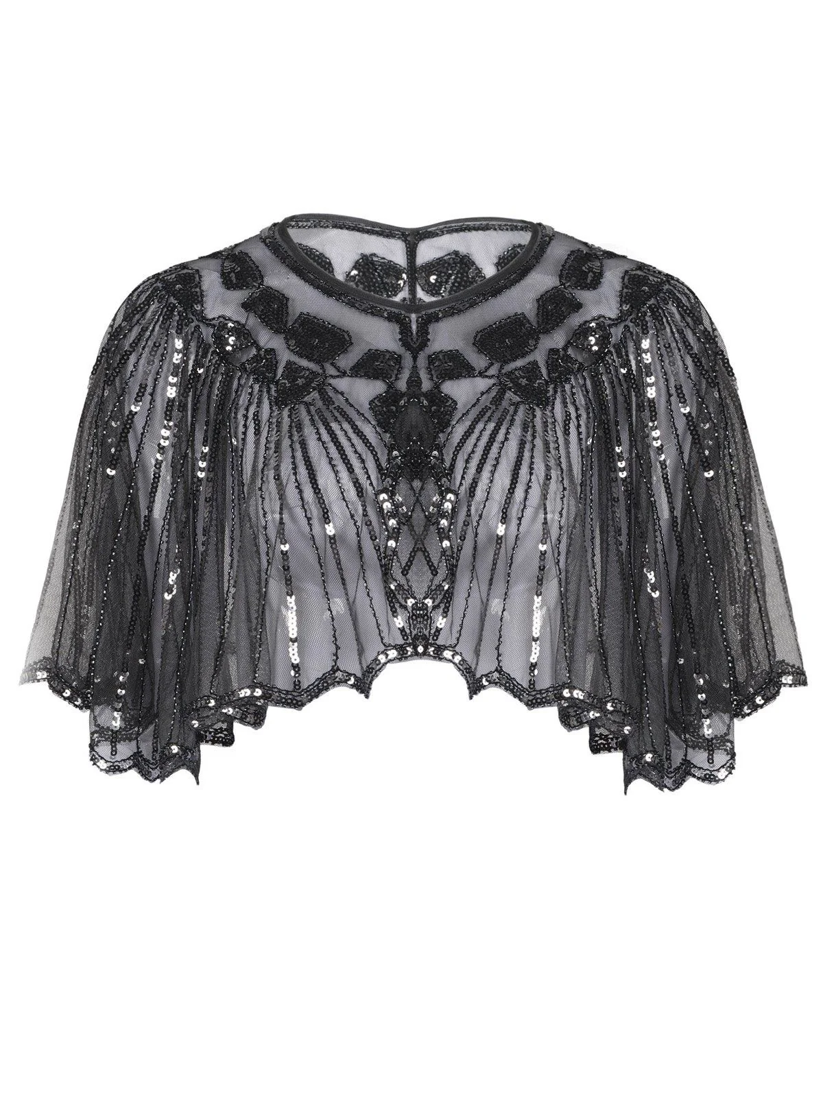 [US Warehouse] Black 1920s Shawl Beaded Sequin Flapper Cape - Image 4