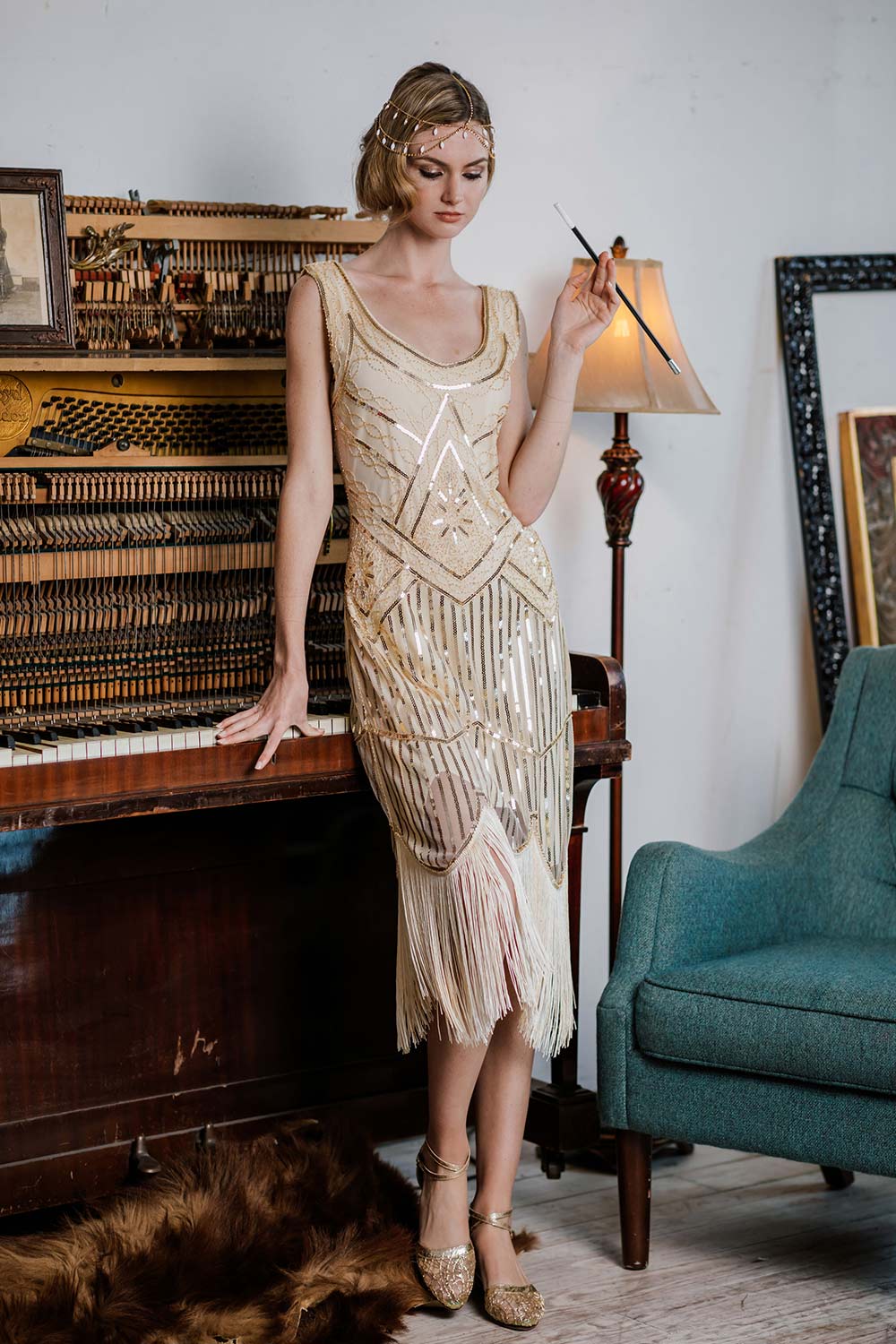 [US Warehouse] Apricot 1920s Beaded Sequin  Flapper Dress - Image 2
