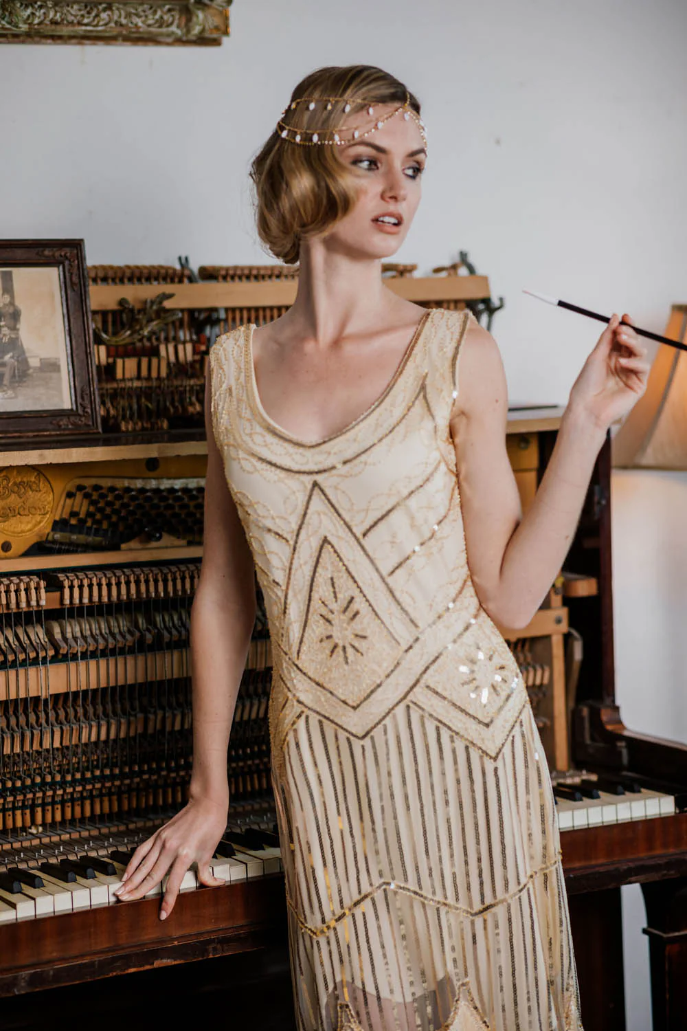 [US Warehouse] Apricot 1920s Beaded Sequin  Flapper Dress - Image 5
