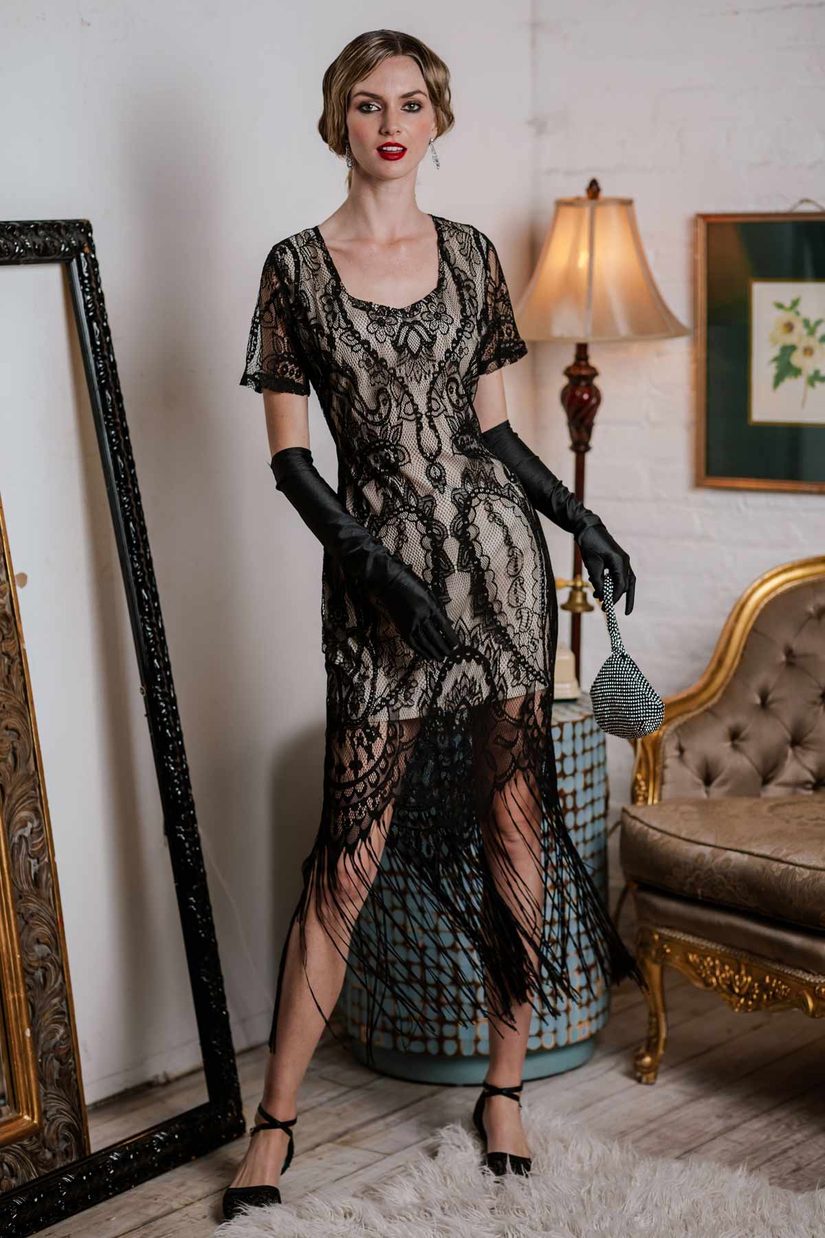 [US Warehouse] Black 1920s Fringe Lace Flapper Dress - Image 3