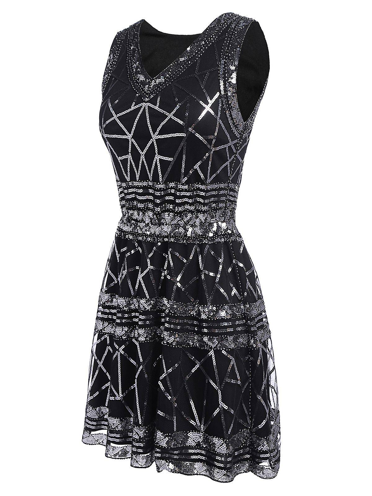 [US Warehouse] Black 1920s Geometric Sequined Dress - Image 3