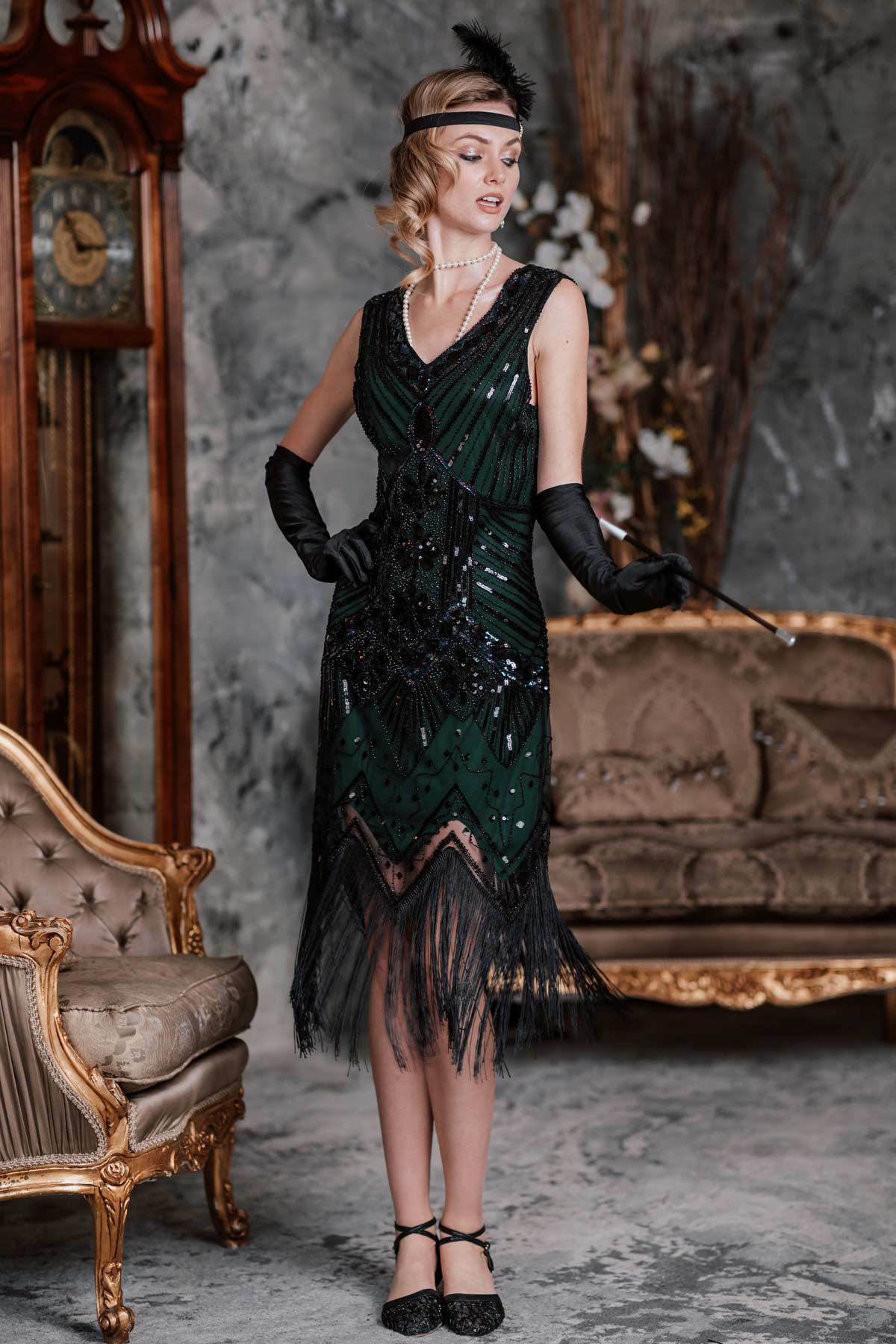 [US Warehouse] Dark Green 1920s Sequined Flapper Dress - Image 2