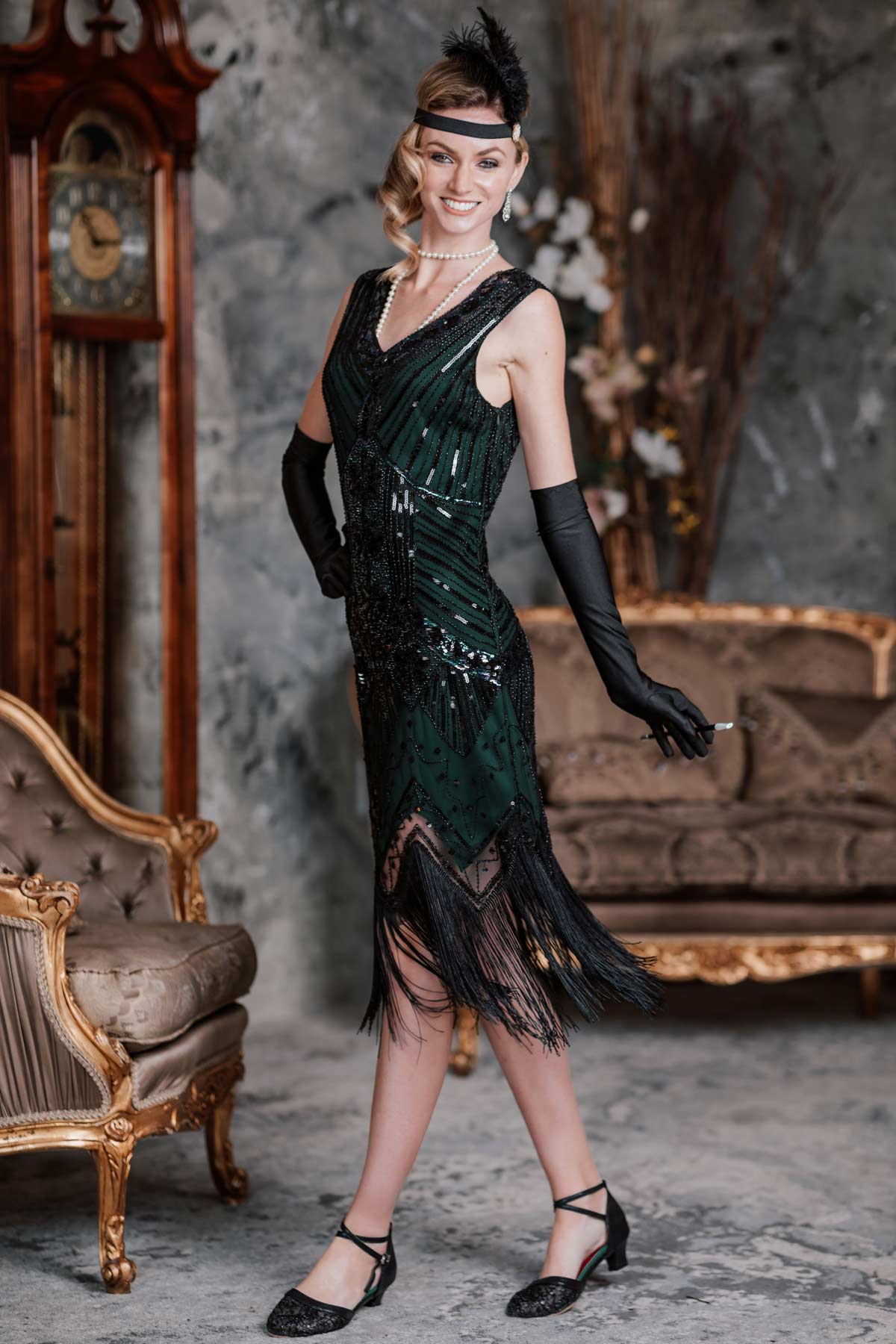 [US Warehouse] Dark Green 1920s Sequined Flapper Dress - Image 3