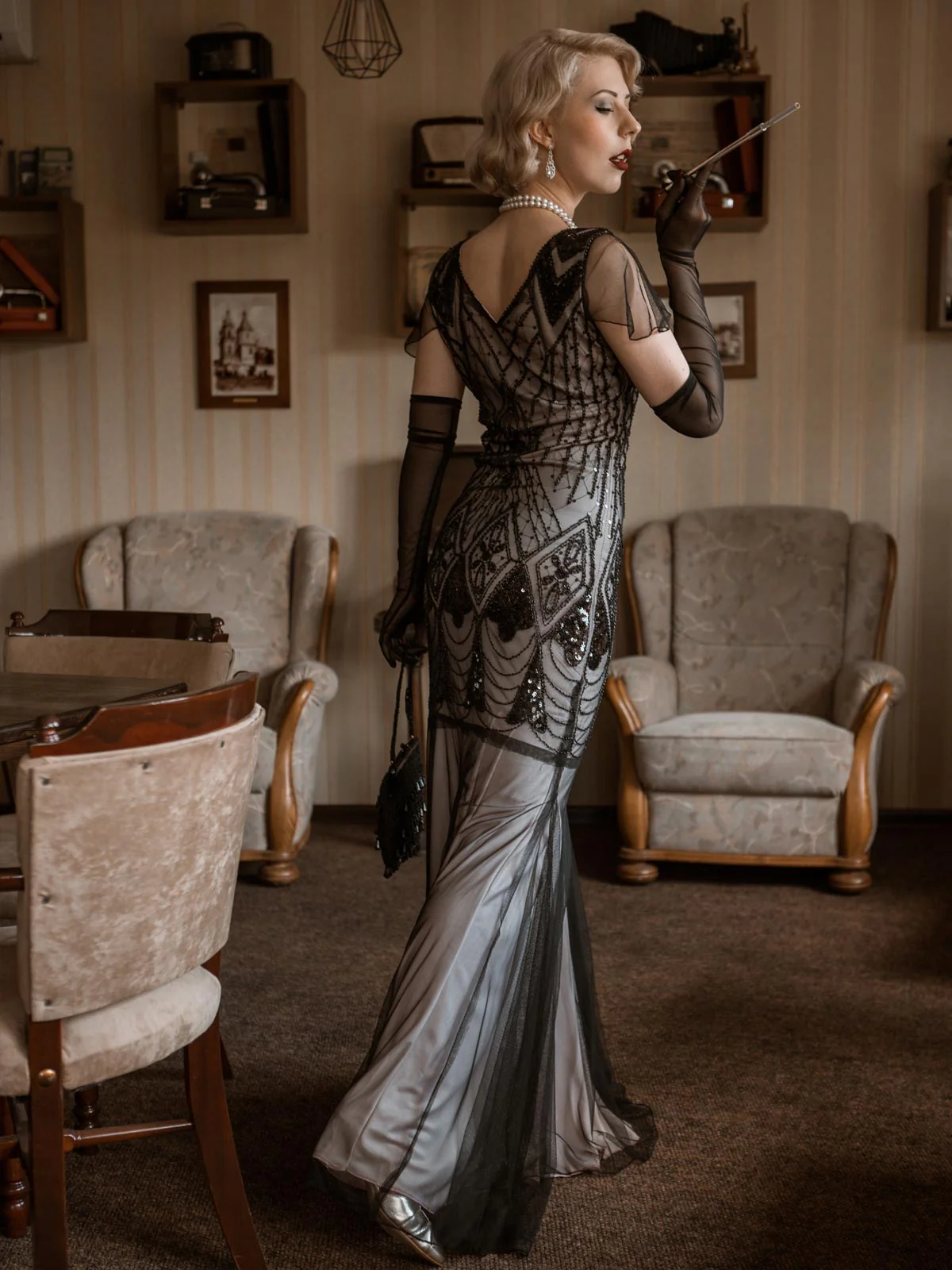 [US Warehouse] Pink 1920s Cap Sleeve Sequin Evening Dress - Image 15