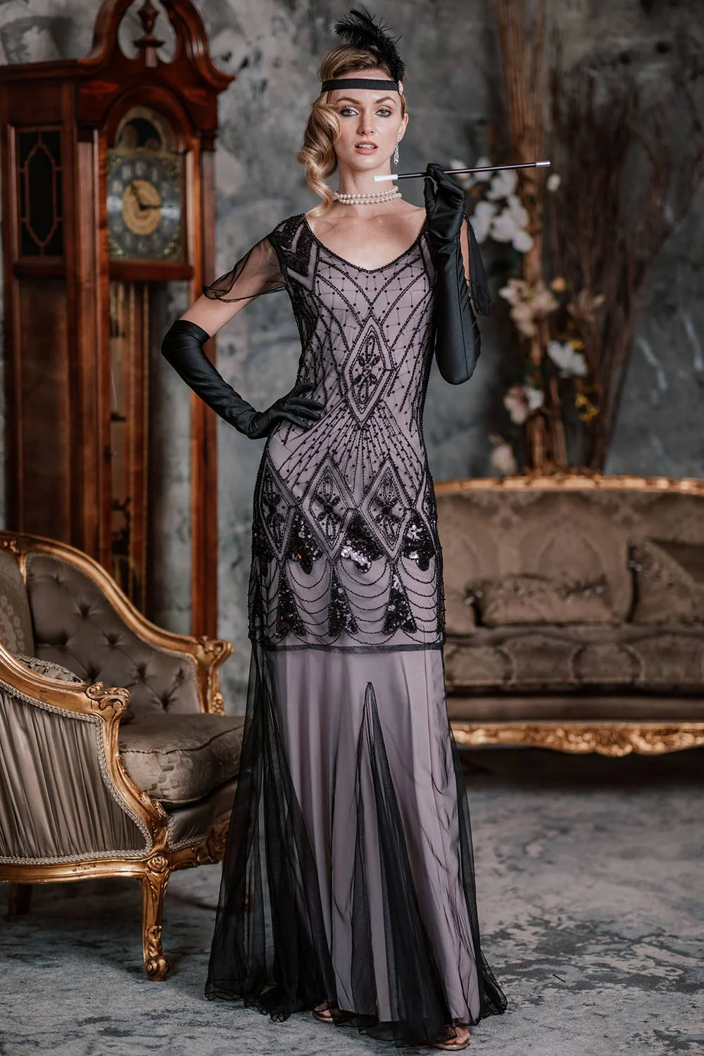 [US Warehouse] Pink 1920s Cap Sleeve Sequin Evening Dress - Image 3