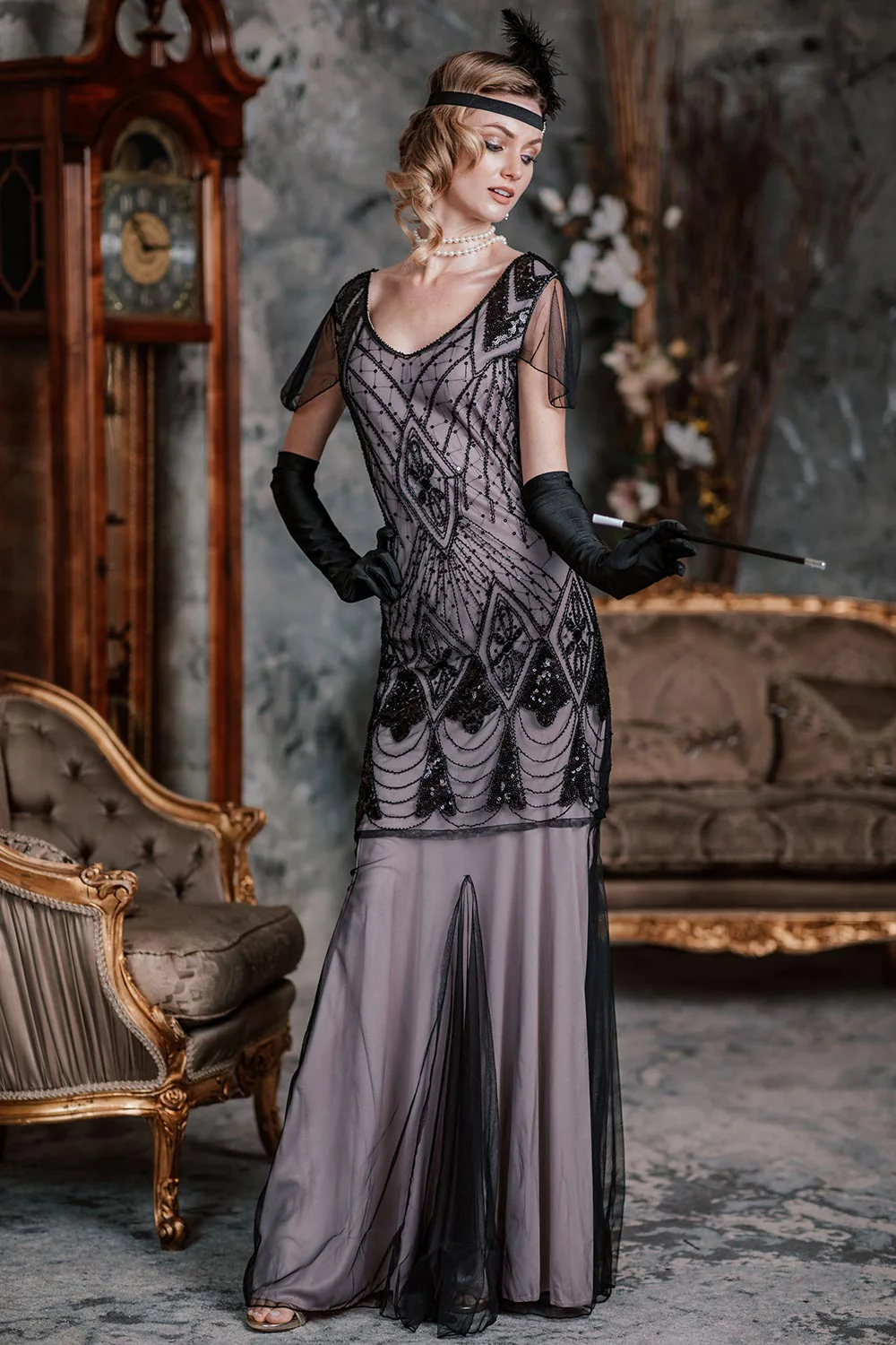 [US Warehouse] Pink 1920s Cap Sleeve Sequin Evening Dress - Image 6