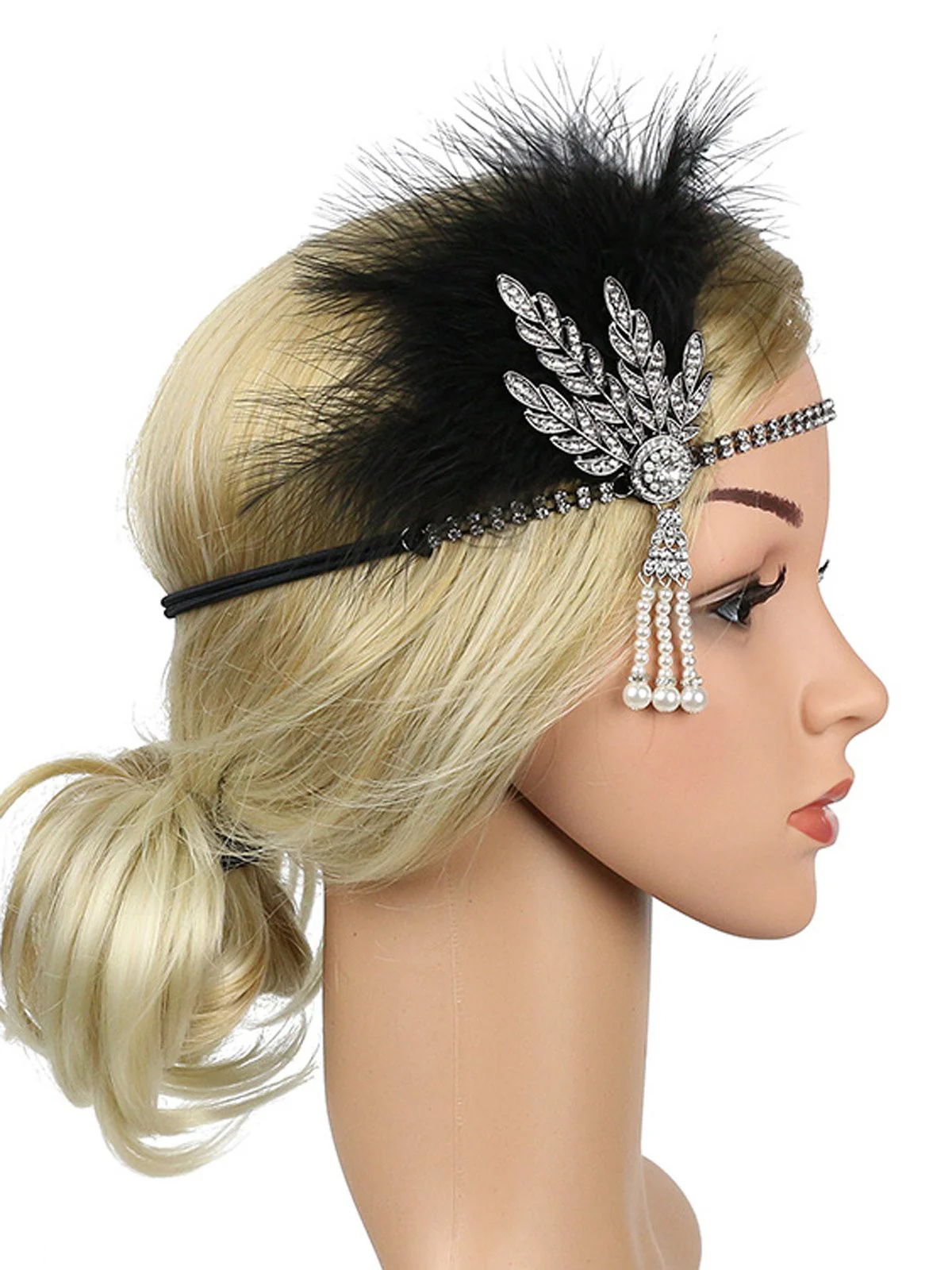 [US Warehouse] Silver 1920s Feather Rhinestone Headband - Image 3