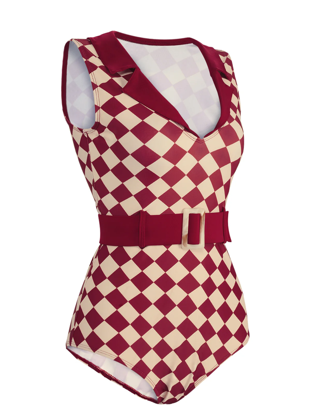 1930s Burgundy Diamond Lapel One-Piece Swimsuit - Image 3