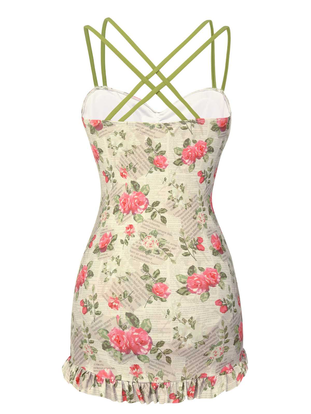 [US Warehouse] 1940s Double Strap Pleated Roses One-Piece Swimsuit - Image 4