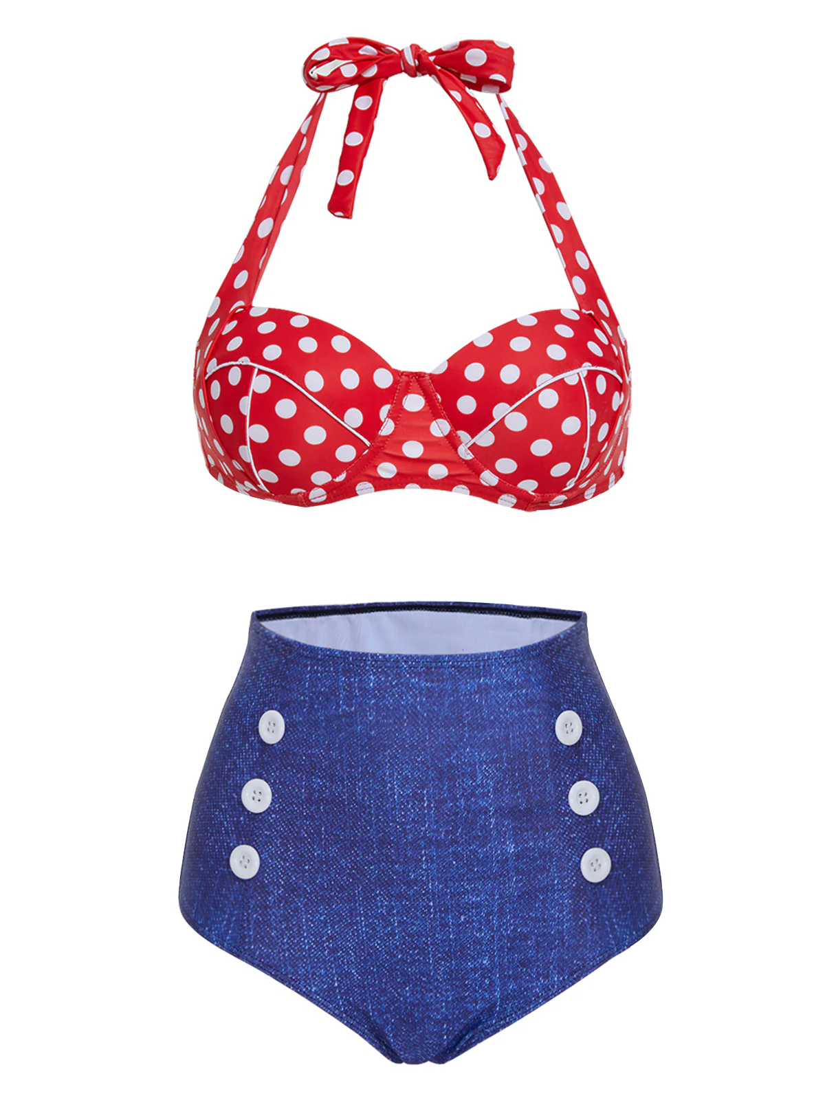 [US Warehouse] 1950s Retro Polka Dot Halter Bikini Swimsuit - Image 2