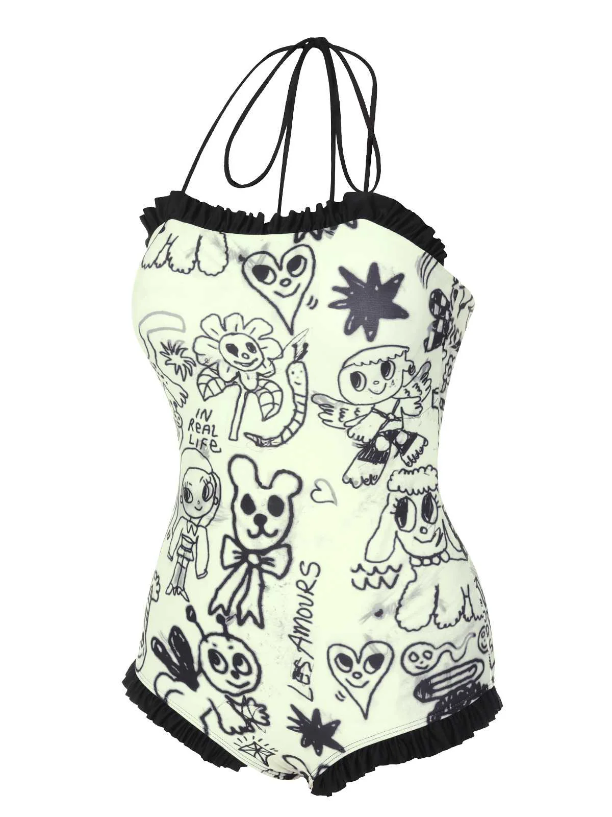 1960s Halter Printed Ruffles One-Piece Swimsuit - Image 2