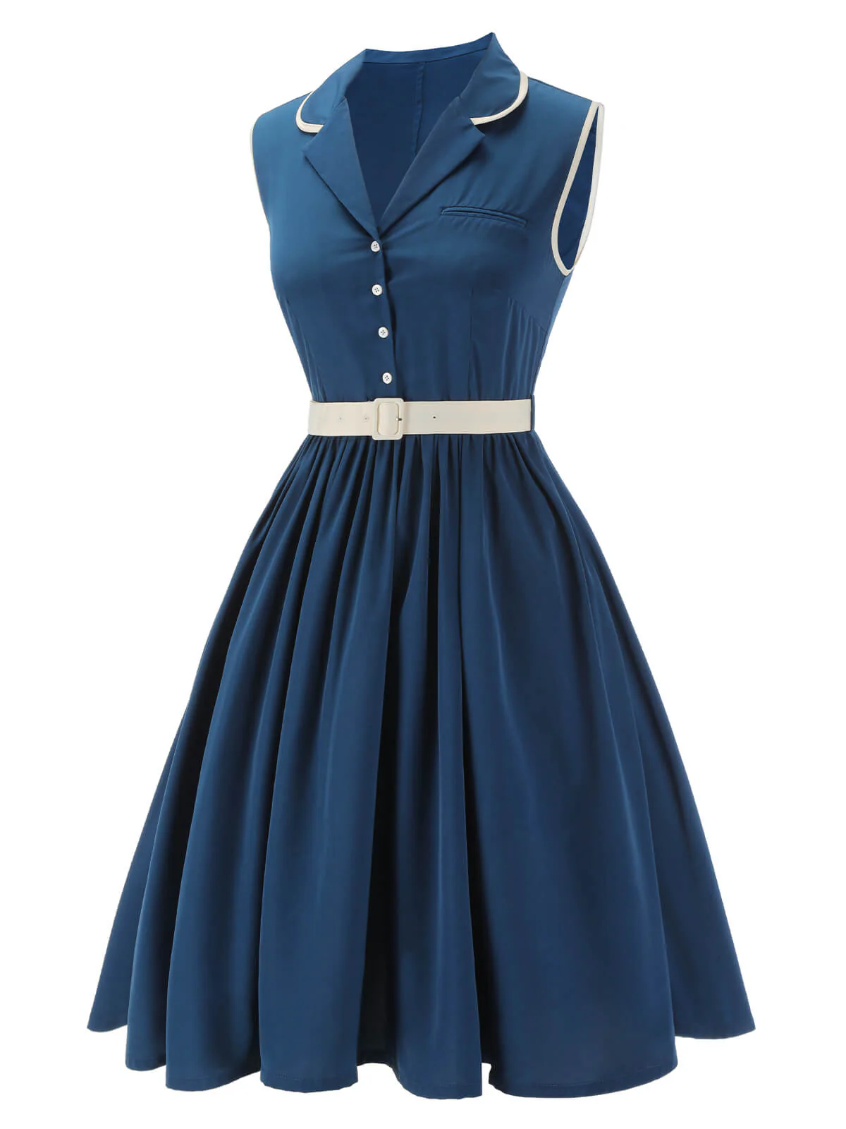 [US Warehouse] 1960s Navy Blue Sleeveless Lapel Dress - Image 3