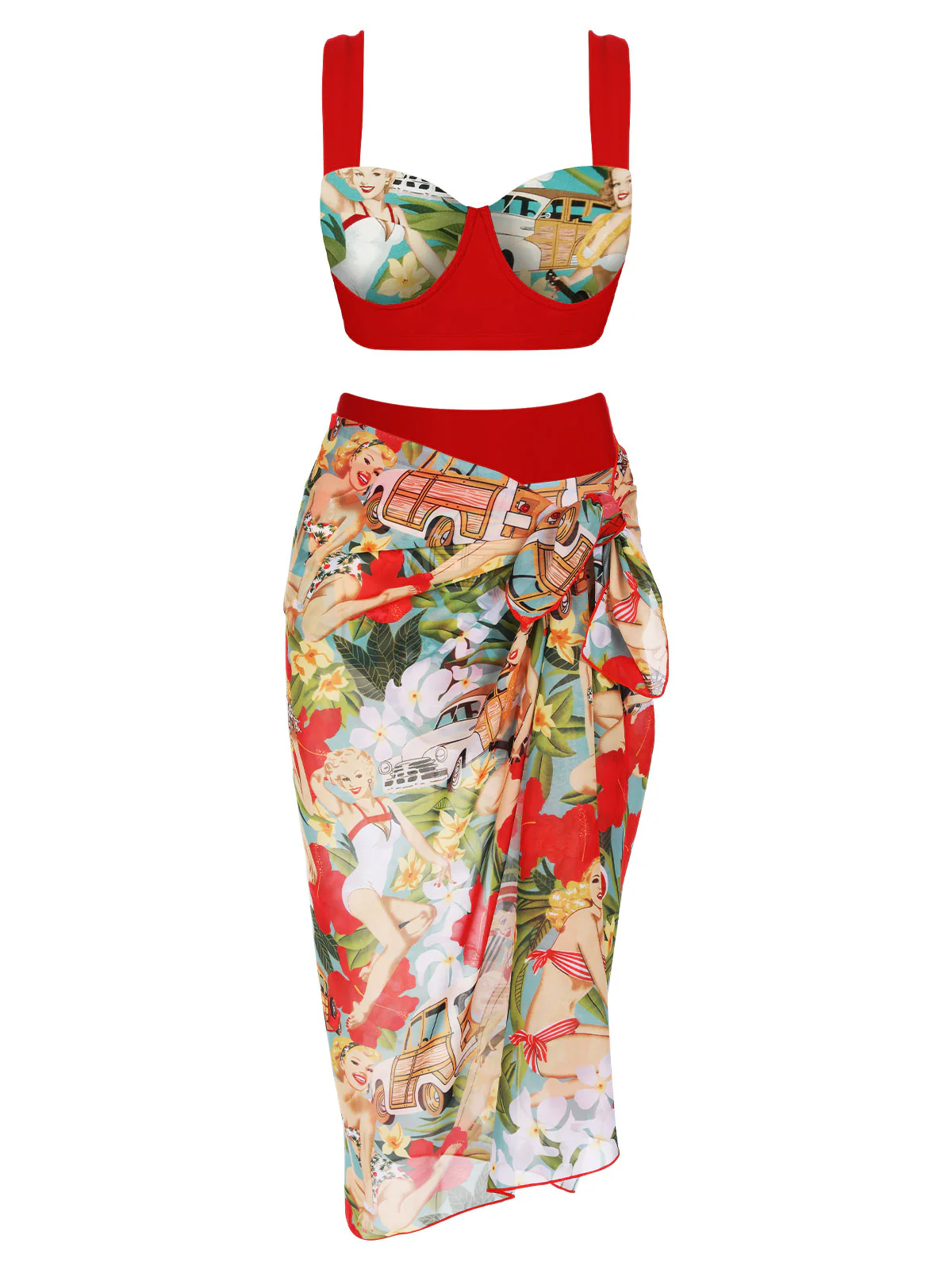 3PCS 1960s Red Retro Lady Bikini Set - Image 2