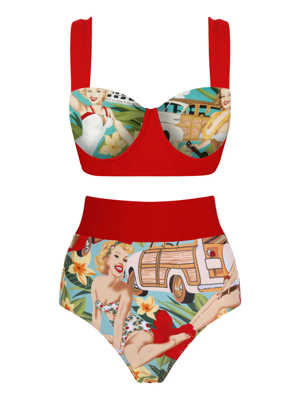 3PCS 1960s Red Retro Lady Bikini Set - Image 4