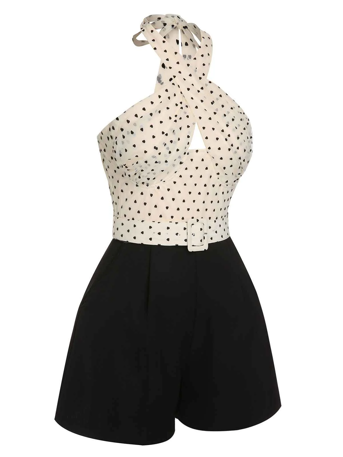 Beige 1950s 3D Heart Halter Patchwork Romper - Image 3