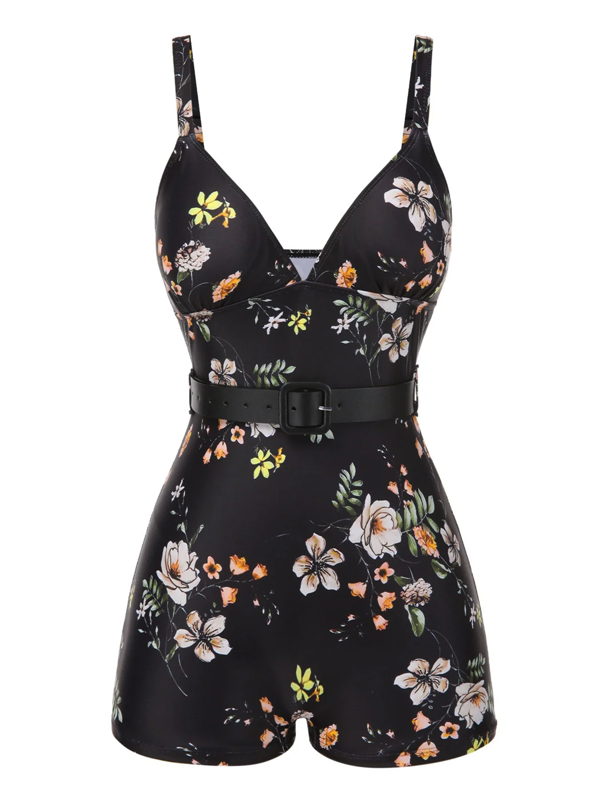 [US Warehouse] Black 1940s Floral Boxer Straps Swimsuit - Image 2