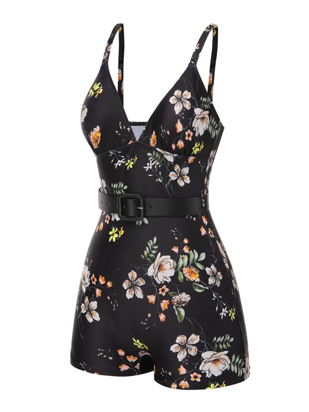 [US Warehouse] Black 1940s Floral Boxer Straps Swimsuit - Image 3