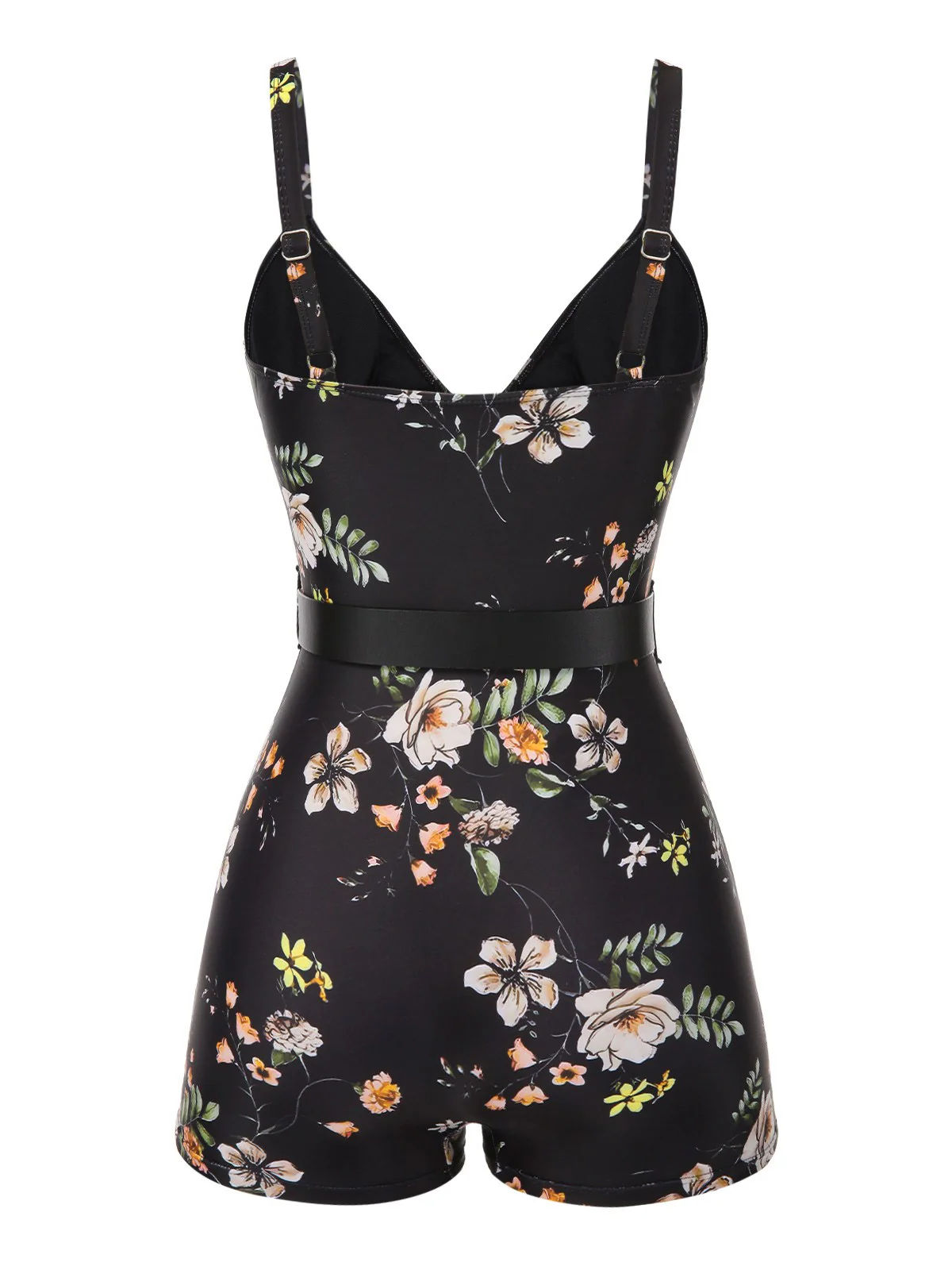 [US Warehouse] Black 1940s Floral Boxer Straps Swimsuit - Image 4