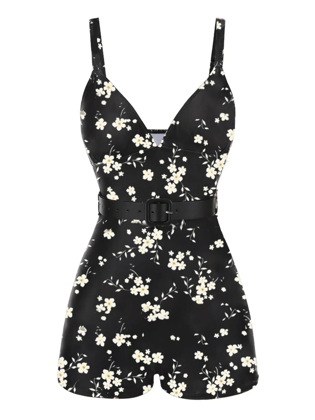 [US Warehouse] Black 1940s Floral Boxer Straps Swimsuit - Image 8