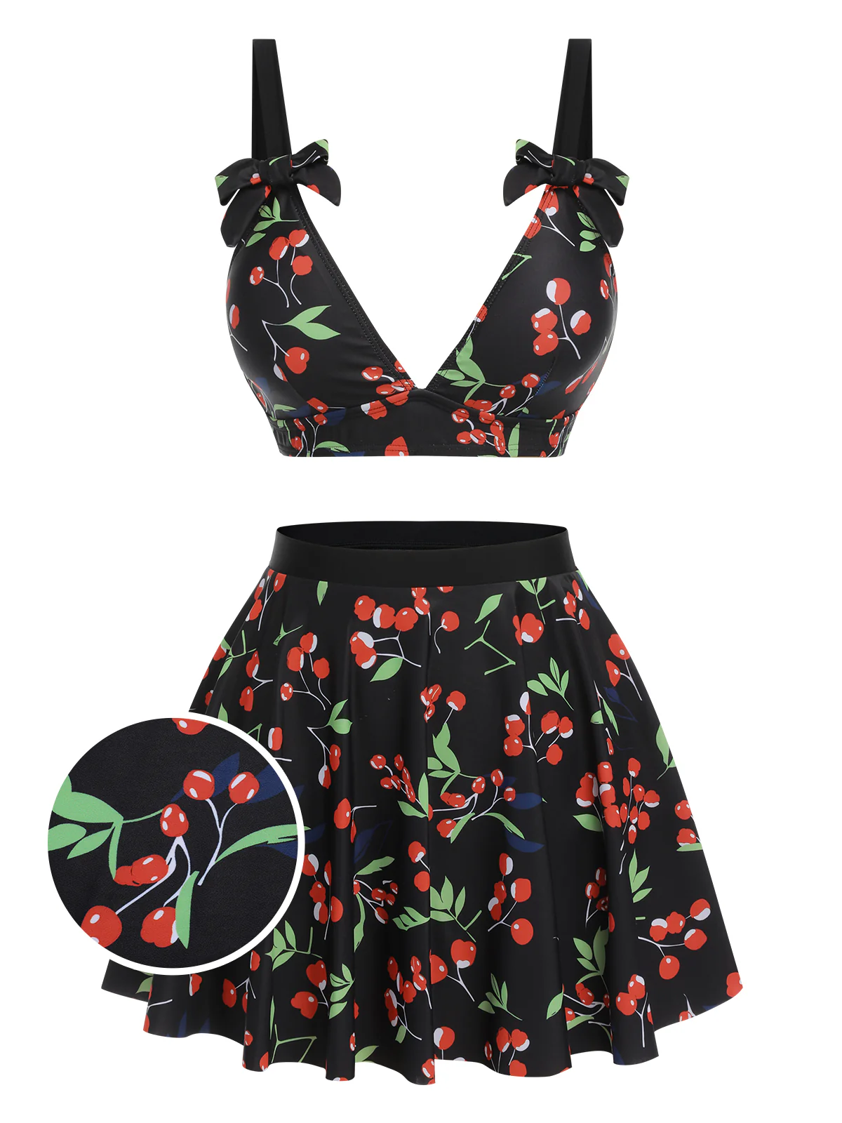 Black 1950s Cherry Bow V-Neck Swimsuit - Image 3