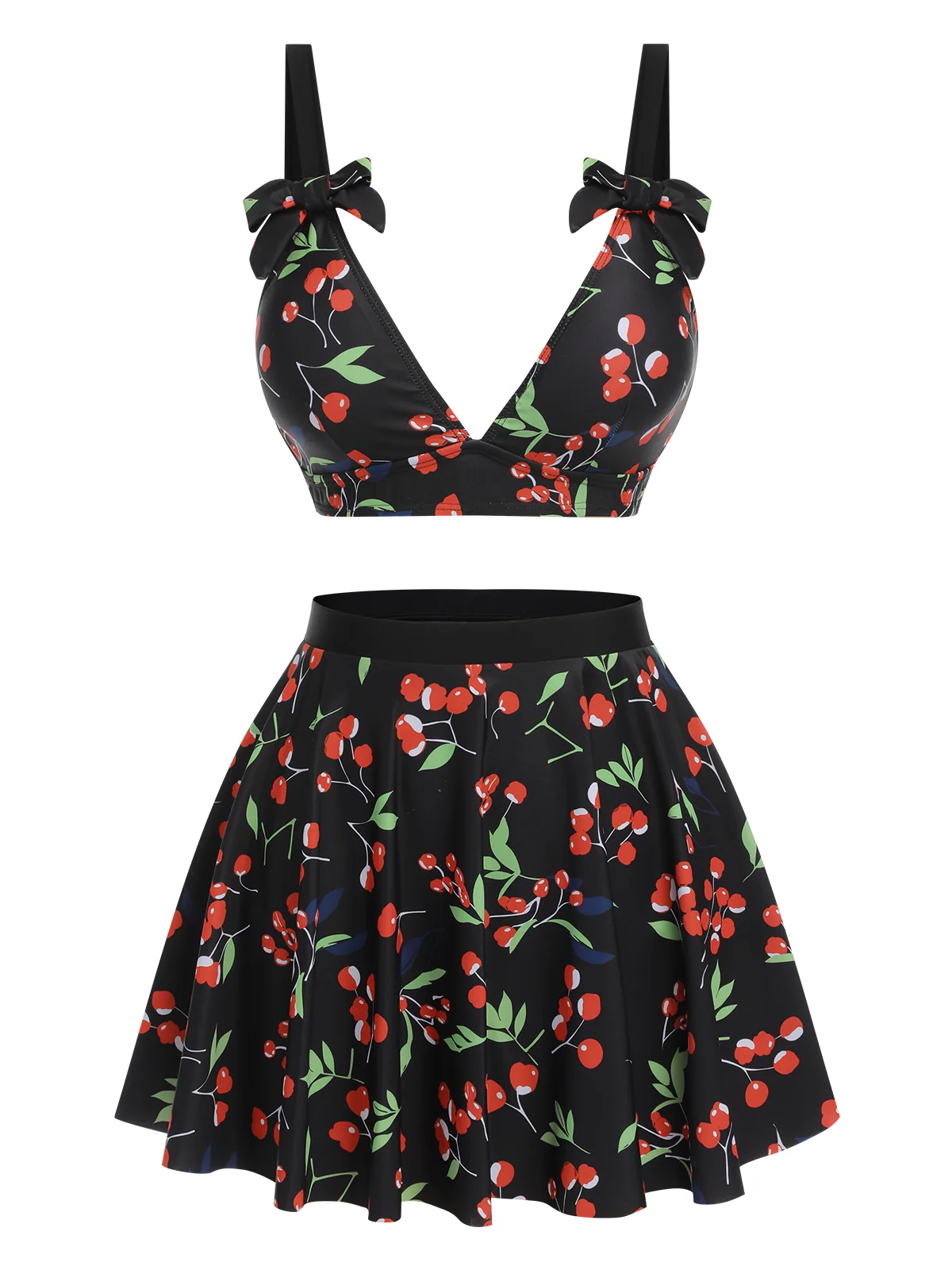 Black 1950s Cherry Bow V-Neck Swimsuit - Image 4
